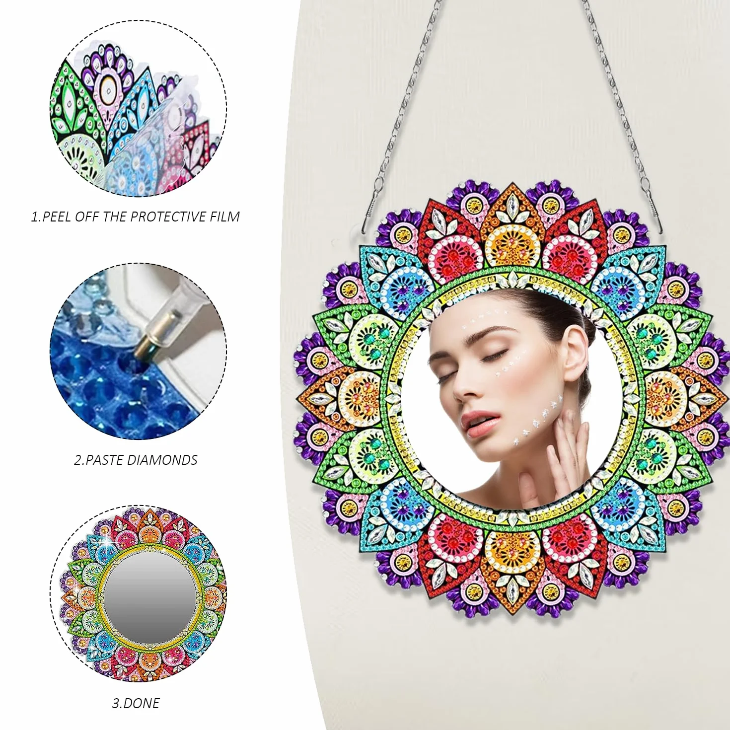 Juego de Espejos de Cristal Pintados Con Mandala - Para Maquillaje y Manualidades - Regalo Para Niñas