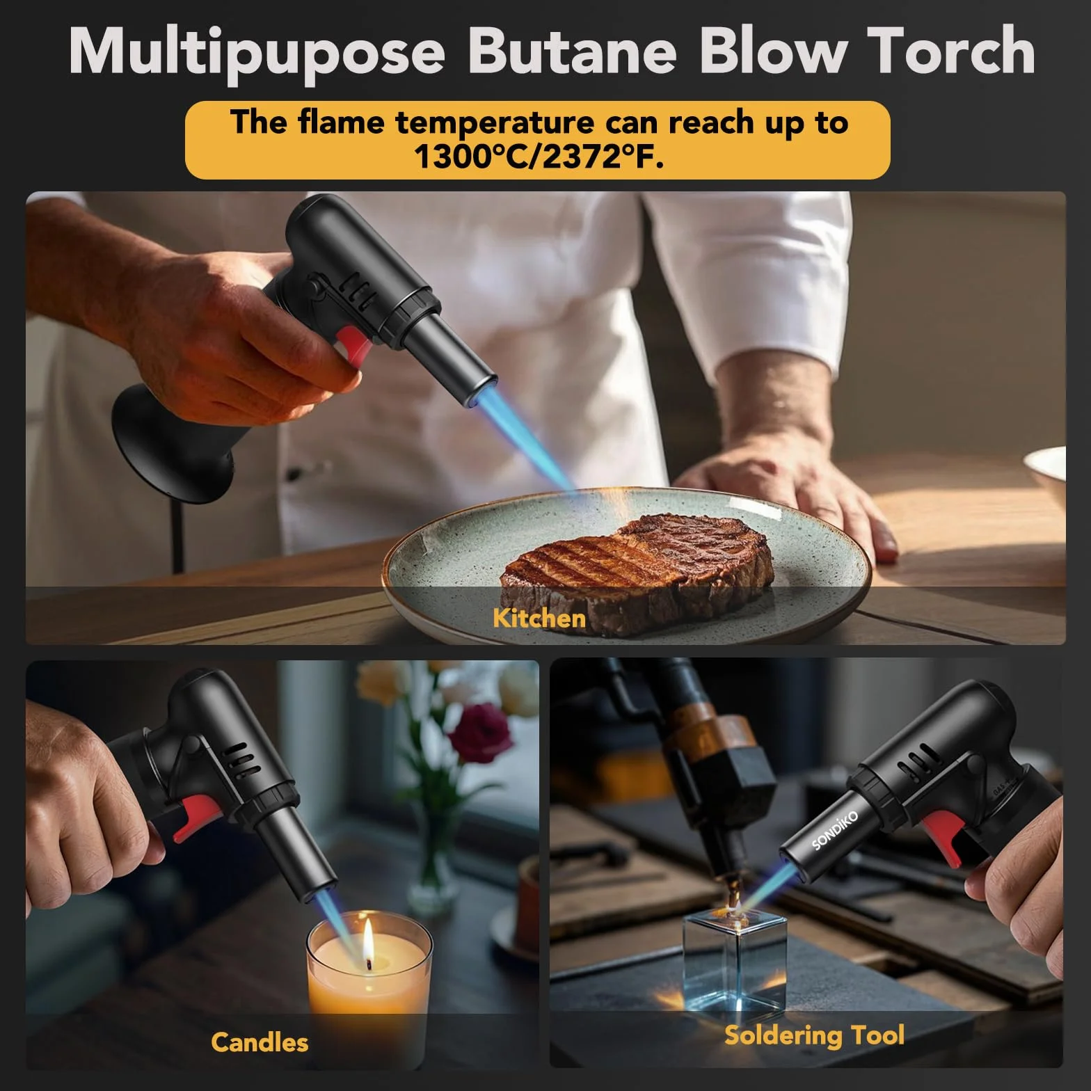 Sondiko Soplete de Cocina S907, Recargable con Bloqueo de Seguridad y Llama Ajustable