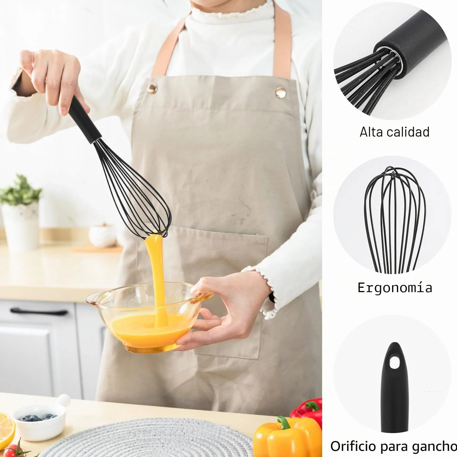 Batidores de Cocina de Silicona 2 Piezas, Batidores de Mano Negros 26cm y 30cm, Mango Antideslizante