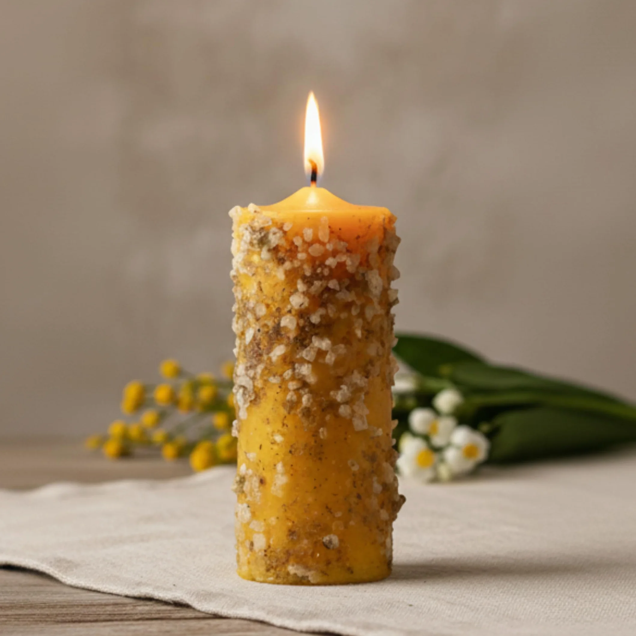 Velón Herbóreo Ruda y Sal – Vela Amarilla con Hierbas Naturales para Limpieza y Protección Energética | Ritual Esotérico con Ruda y Sal | Incluye Oración e Instrucciones