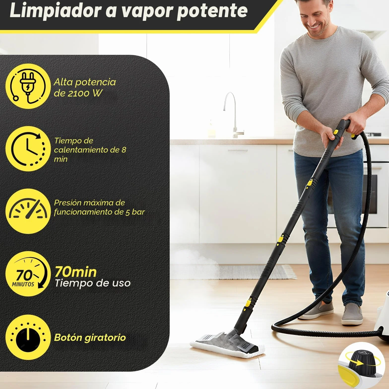 Limpiador de Vapor 2100W 2,1L Acero Inoxidable 304 Presión 5 Bares 105°C