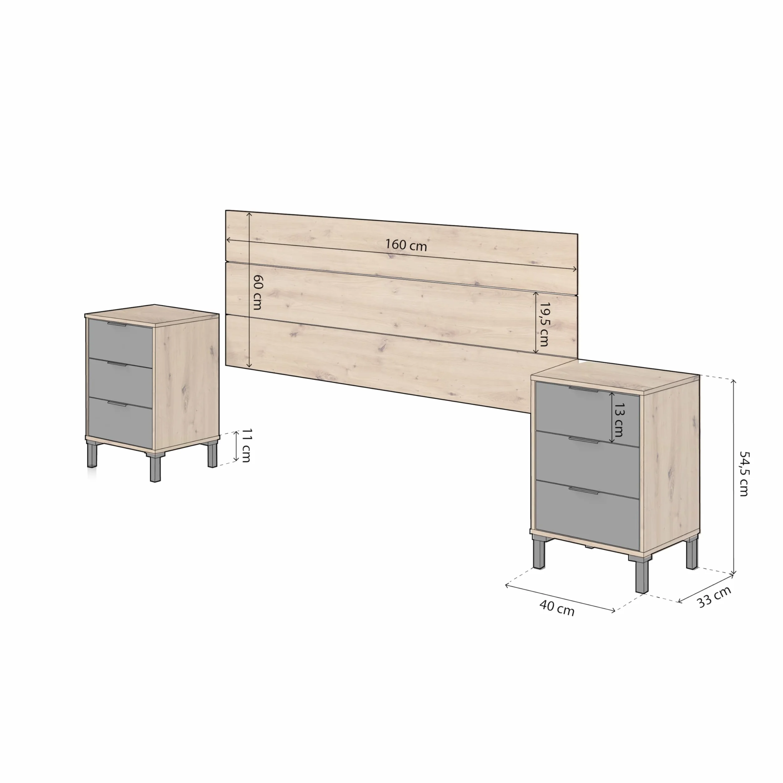 duehome | Cabecero y 2 mesitas de Noche, Cabecero Cama de Matrimonio, Modelo Luke, Acabado en Roble Nodi y Gris Antracita, Medidas: 160cm (Ancho) x 60 cm (Alto) x 2,5 cm (Fondo)