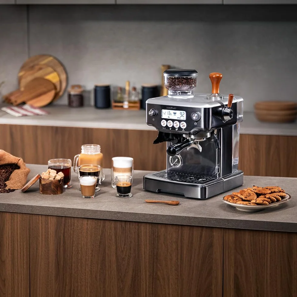 Cecotec Cafetera Express Barista Power Espresso 20 Barista Steel & Grind. 2200W, 20Bares, Molinillo Cónico, 2.1L Depósito Agua, 180g Café, 30 Niveles, Thermoblock, Doble Brazo, Accesorios Incluidos