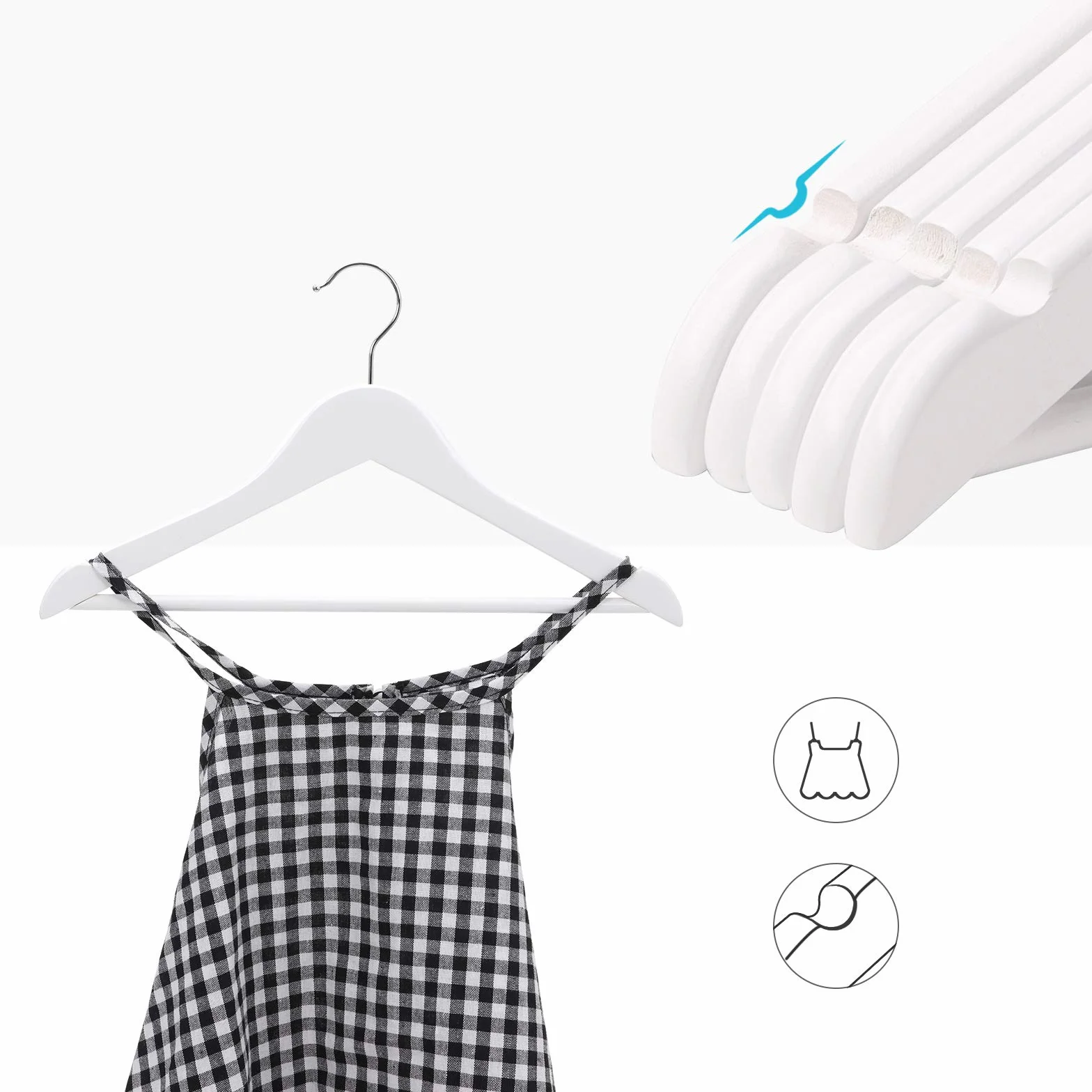 SONGMICS Juego de 20 Perchas para Niños de Madera Maciza, para Ropa Infantil, con Barra de Pantalones, Muescas en Hombros, Ganchos Giratorios, 35 cm Largo, Blanco y Plata CRW06W-20