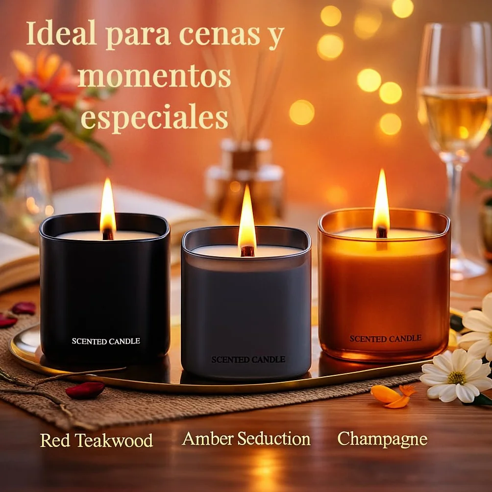 Signature Collection – Set de 3 Velas Aromáticas para Regalo con Mecha de Madera | Amber Seduction, Red Teakwood y Champagne | Cera Vegana Soja y Carnauba | Regalos Originales para Mujer