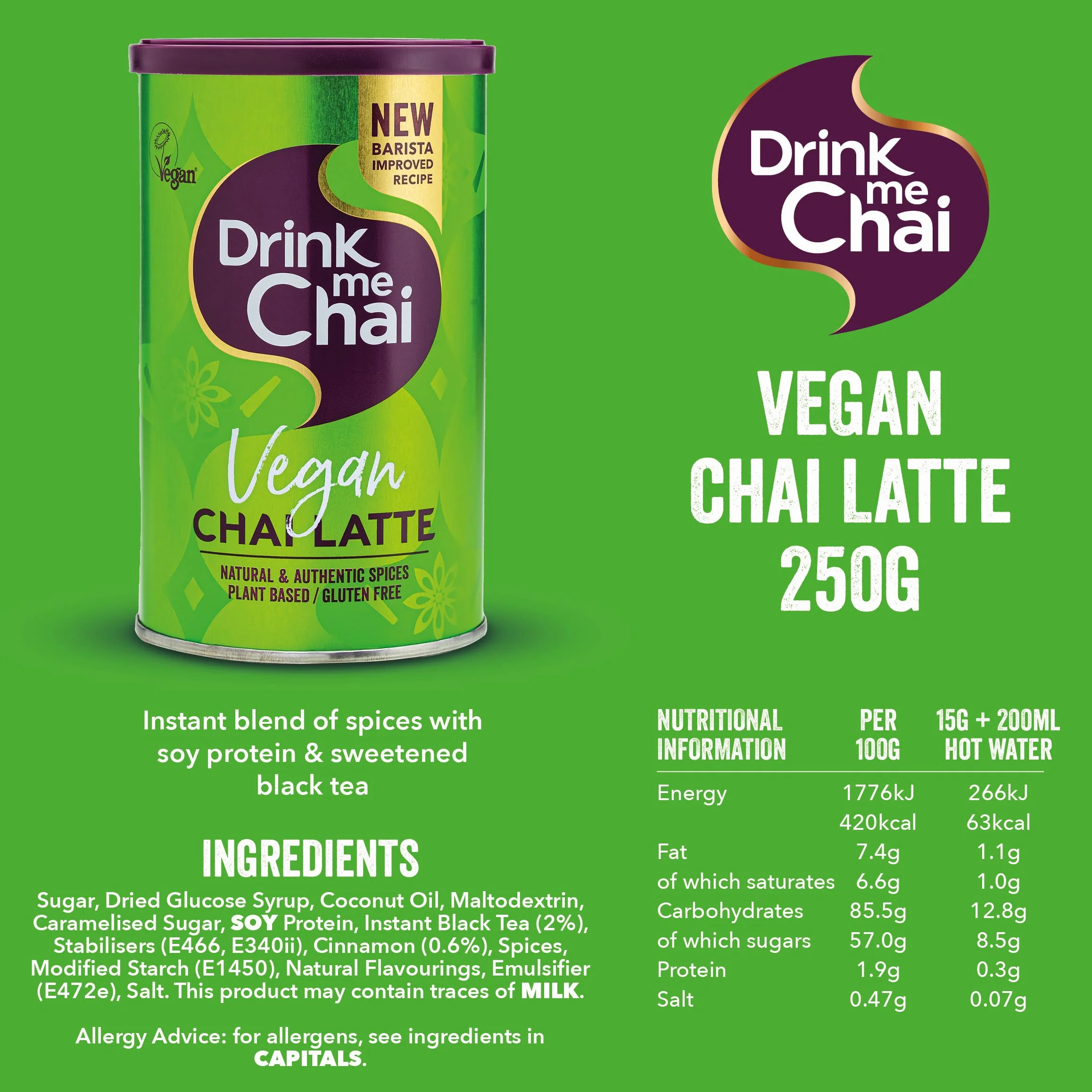 Drink me Chai Chai Latte Vegano 250 g Té en Polvo 16 Porciones