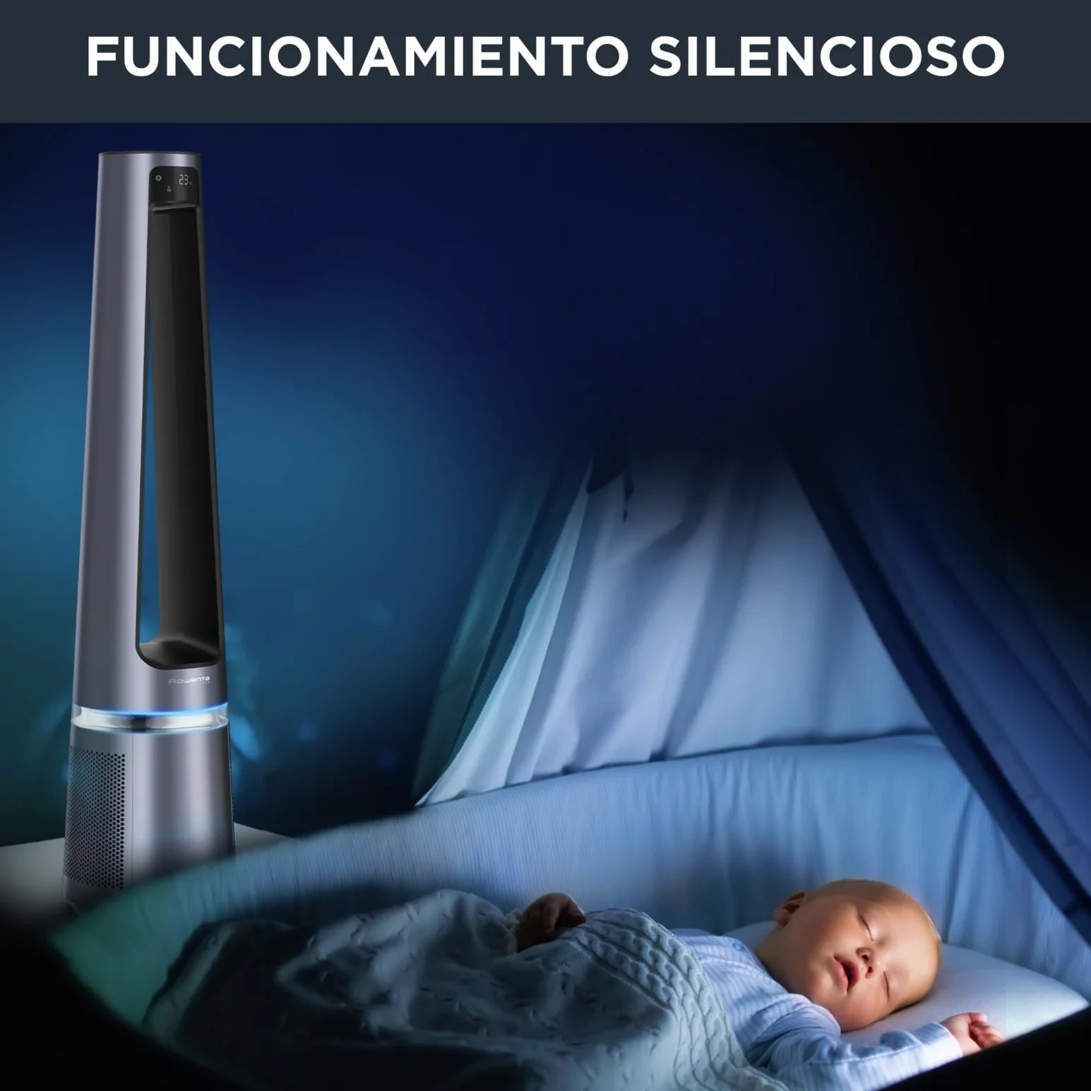 Rowenta 2 en 1 Purificador de Aire y Ventilador, 12 Velocidades, Oscilación, Filtra Partículas Finas hasta el 99,95%, Silencioso, Mando a Distancia, Plata, Eclipse, QU5030