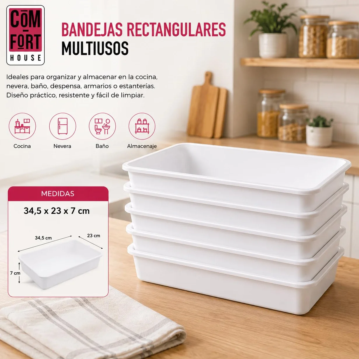 COM-FORT HOUSE Bandejas de Plástico Rectangulares Blanco, Pack 3, 34,5x23x7 cm, Organizador Multiusos para Cocina, Nevera, Baño y Almacenaje