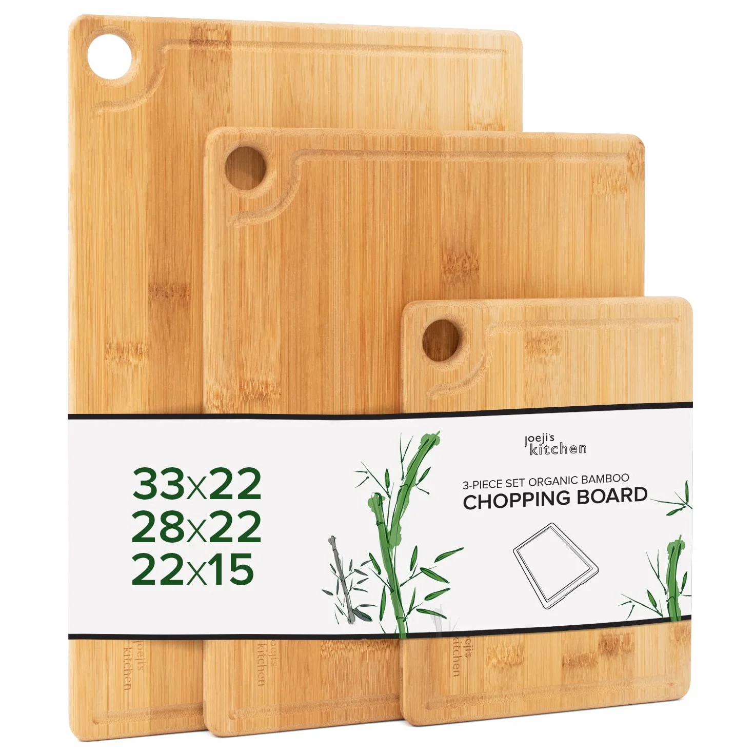 Juego de 3 Tablas de Cocina de Madera Bambú con Ranura y Agujero para Colgar - Antimicrobiano Natural