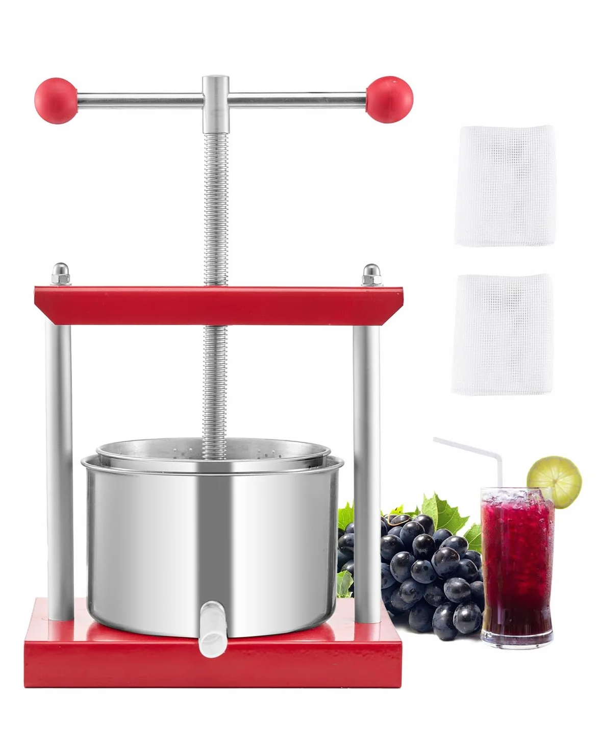VEVOR Prensa de Vino de Frutas 3 L, 2 Barriles de Acero Inoxidable, Exprimidor Manual, Sidra, Manzana, Tintura de Uva, Miel, Aceite de Oliva, para Cocina al Aire Libre y Hogar, 260 x 205 x 560 mm
