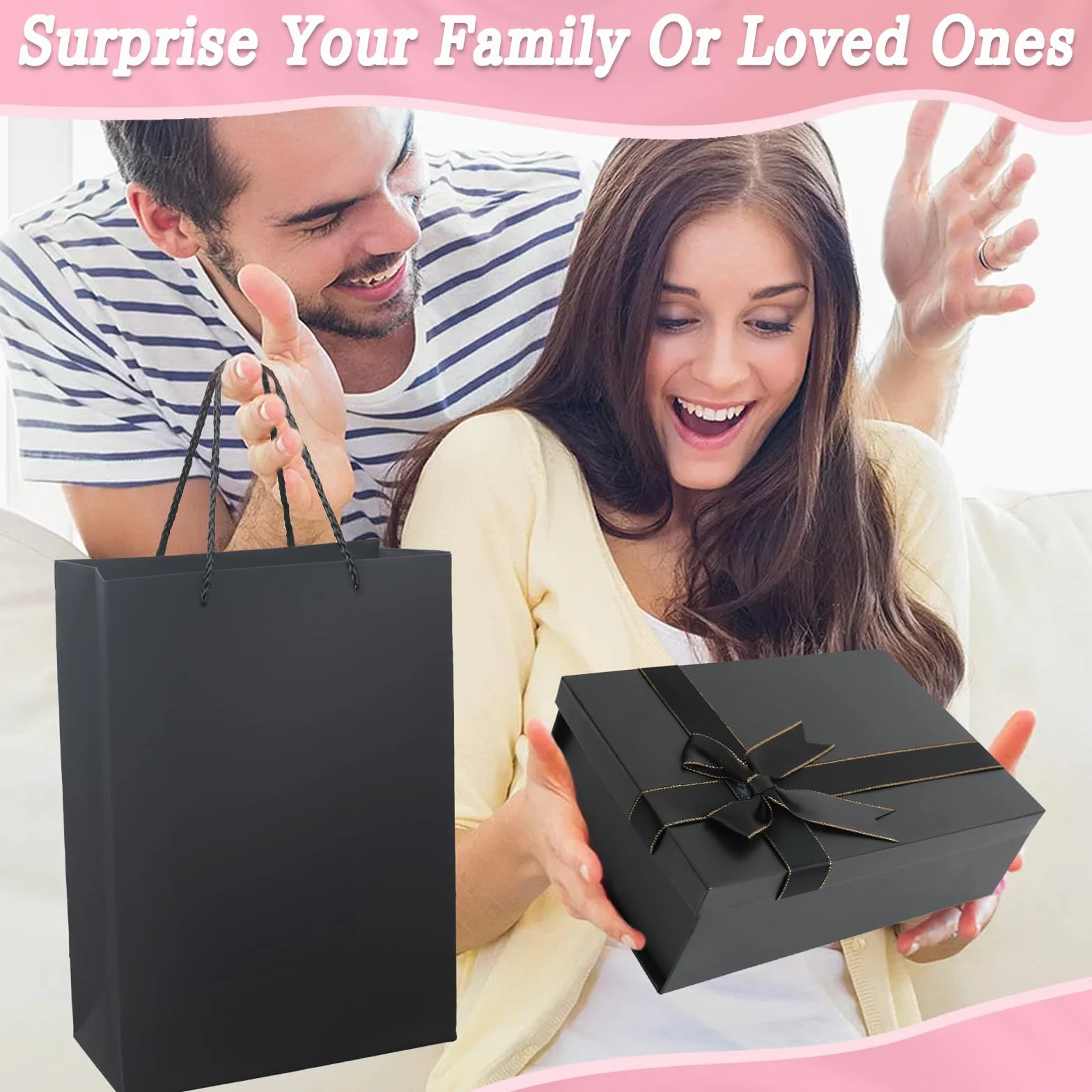 Caja Regalo Cumpleaños, Regalo Cuadrada Plegable con Bolsa, Caja de Regalo Grande con Tapa y Tarjeta para Bodas Aniversarios Fiestas San Valentín
