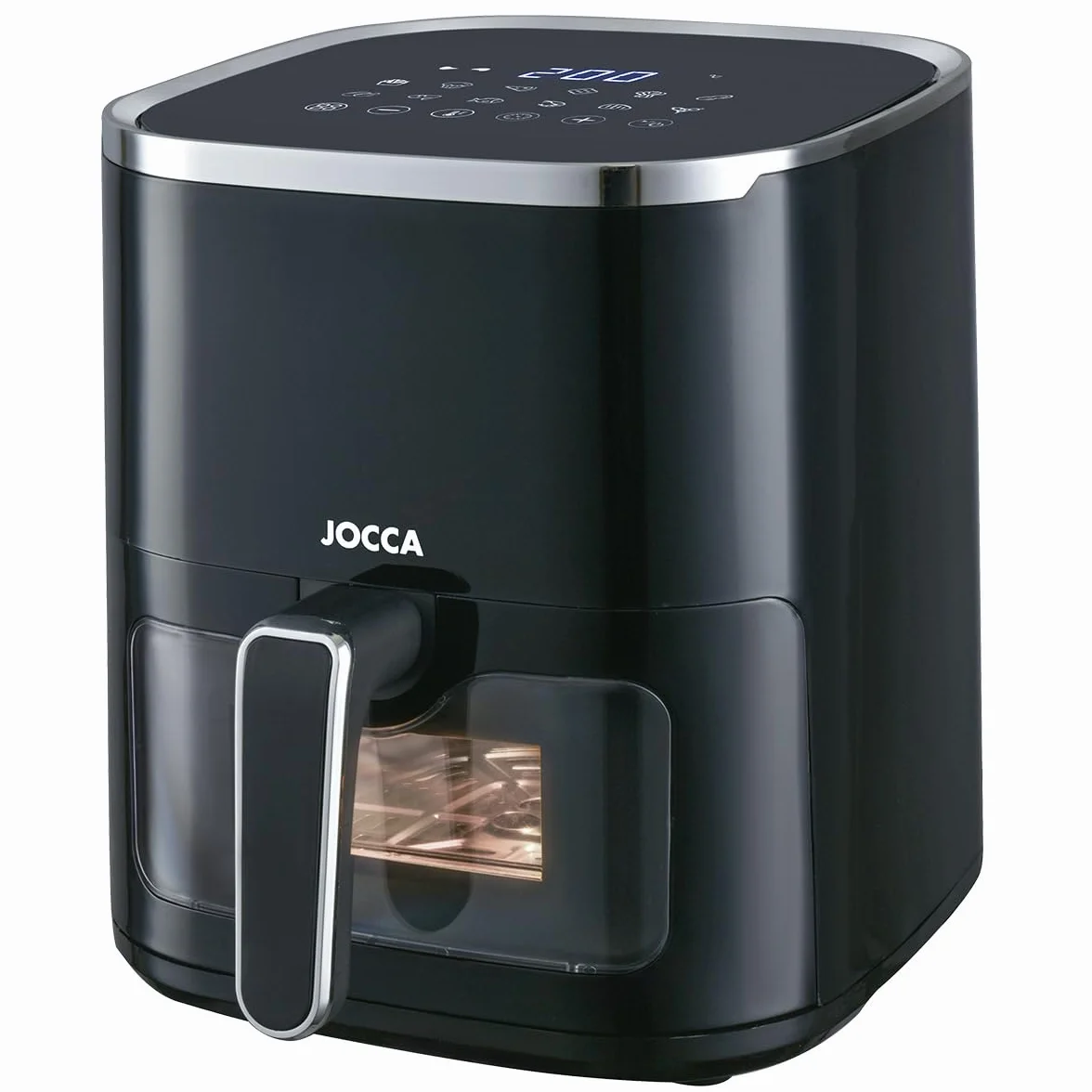 JOCCA - Freidora de Aire Caliente con Ventana 5L| Freidora Sin Aceite| Air Fryer 5 Litros| Temporizador| Temperatura Ajustable| Cocina Sana| 1450W| Negro