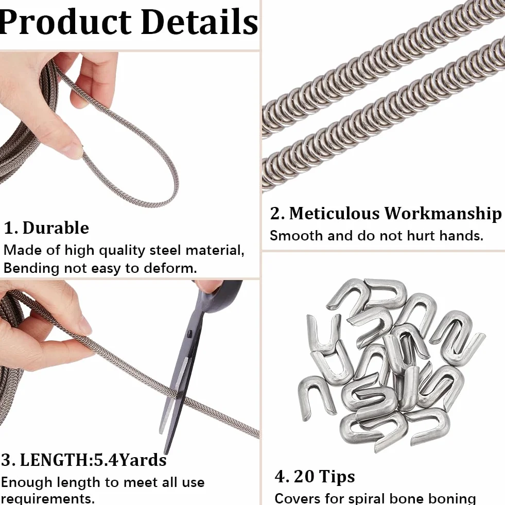 GORGECRAFT Kits de Deshuesado de Corsé de 5mX5mm Varillas de Modelado de Deshuesado de Corsé de Acero Plano con 20 Puntas de Hueso En Espiral de Acero Inoxidable Cubiertas de Alambre En Espiral Forma