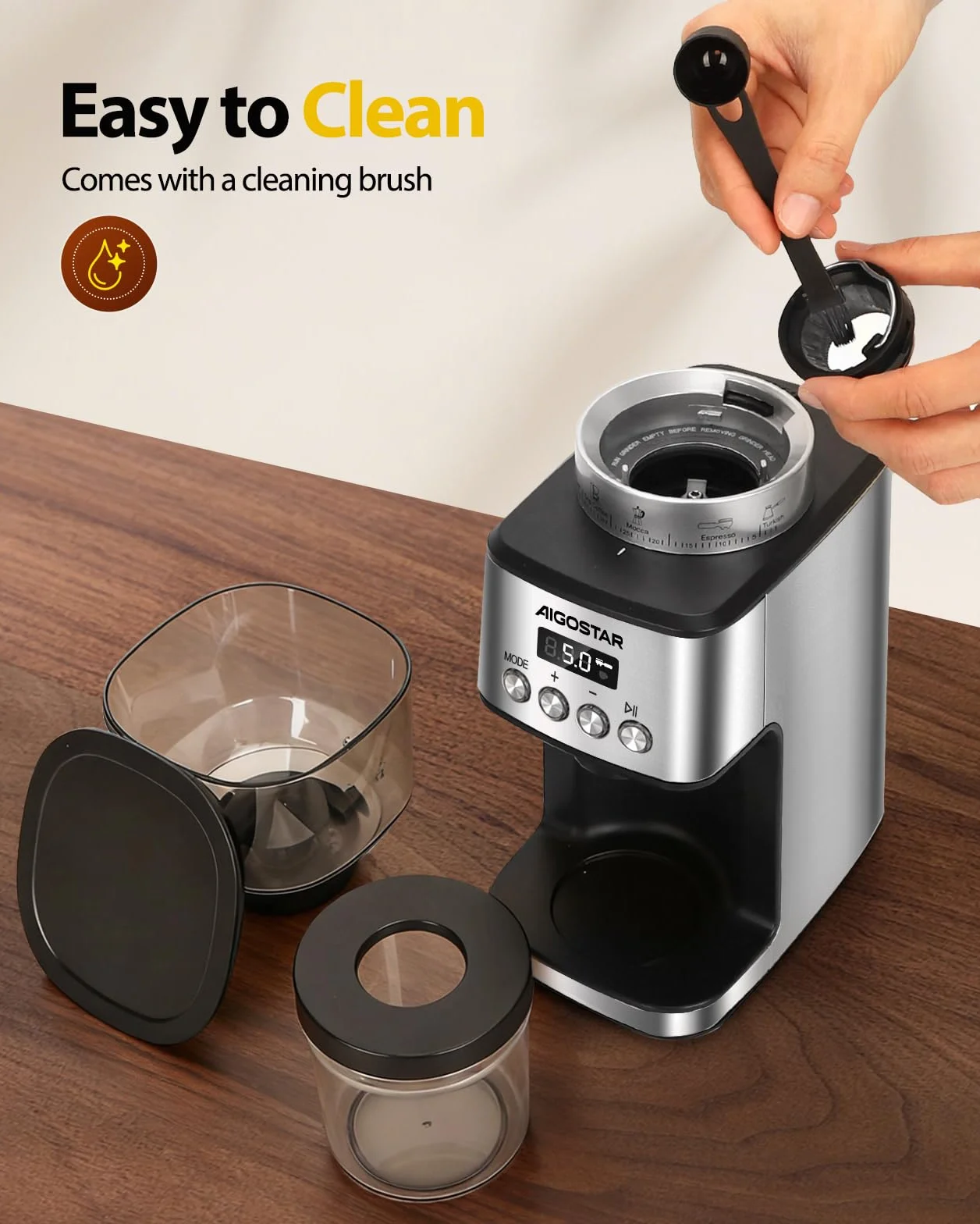 Aigostar Molinillo de Café Eléctrico, 52 Ajustes de Molido Molinillo Café de Cono, Grinder Electrico Para Café Espresso, Moledor Profesional con Pantalla Lcd Digital Precisa, Acero inoxidable, Plata