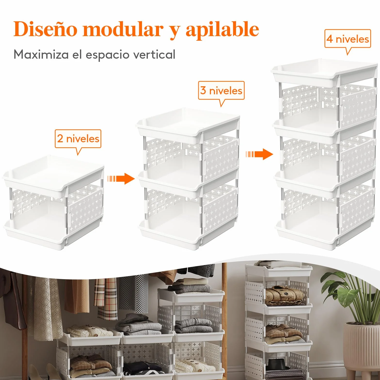Lifewit Cestas Apilables de Almacenamiento, Carrito de Plástico de Niveles para Cajones para Armario y Fruteros de Cocina, Organizador de Almacenamiento, 100.1 cm, Blanco, 100.1 Niveles