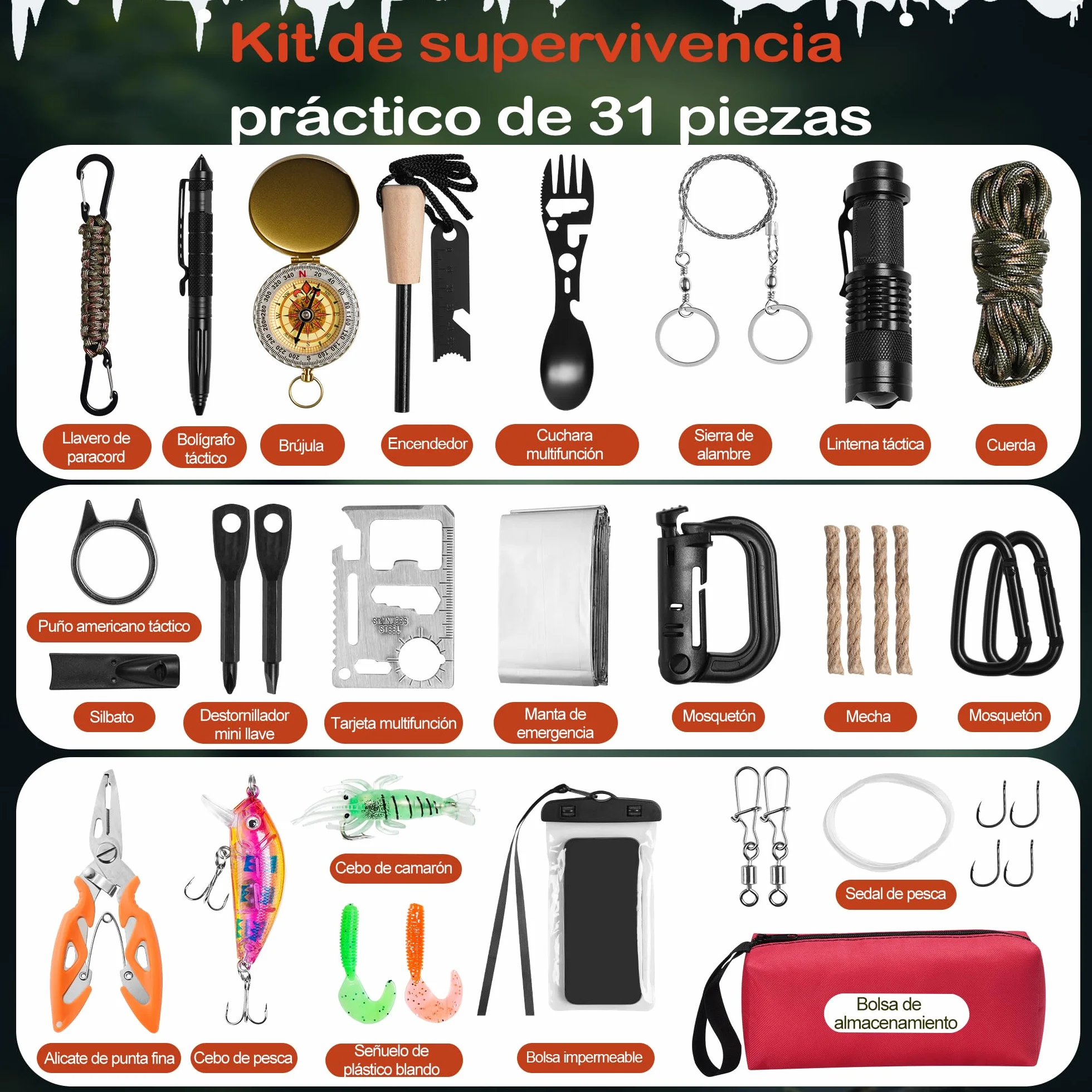 Calendario Adviento 2025 Hombre Adulto Kit Supervivencia 31 Piezas Herramientas Regalo Aventura Caza Camping Aire Libre
