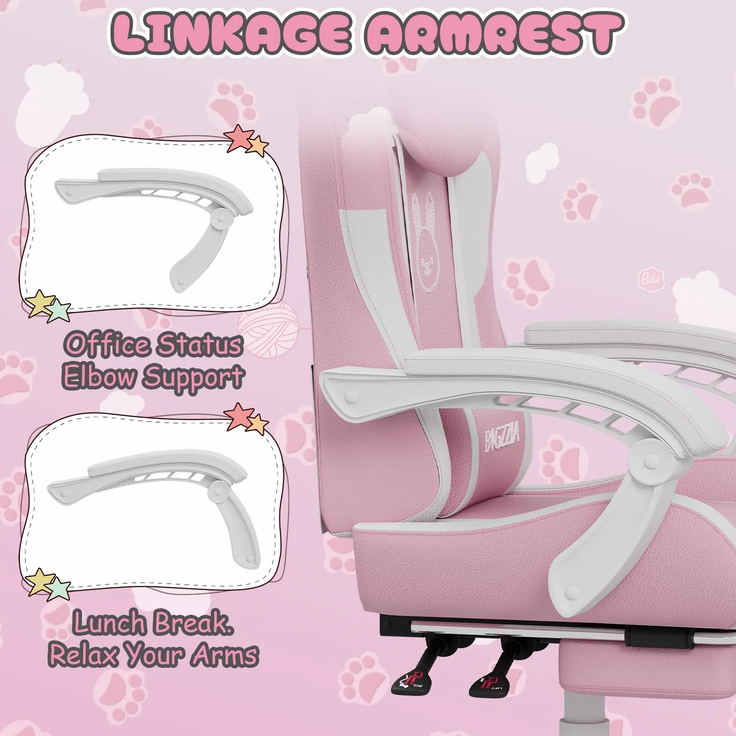 bigzzia Silla Gaming Ergonómica con Orejas de Gato Ajustable Altura Reposacabezas Soporte Lumbar Masaje Blanco Rosado