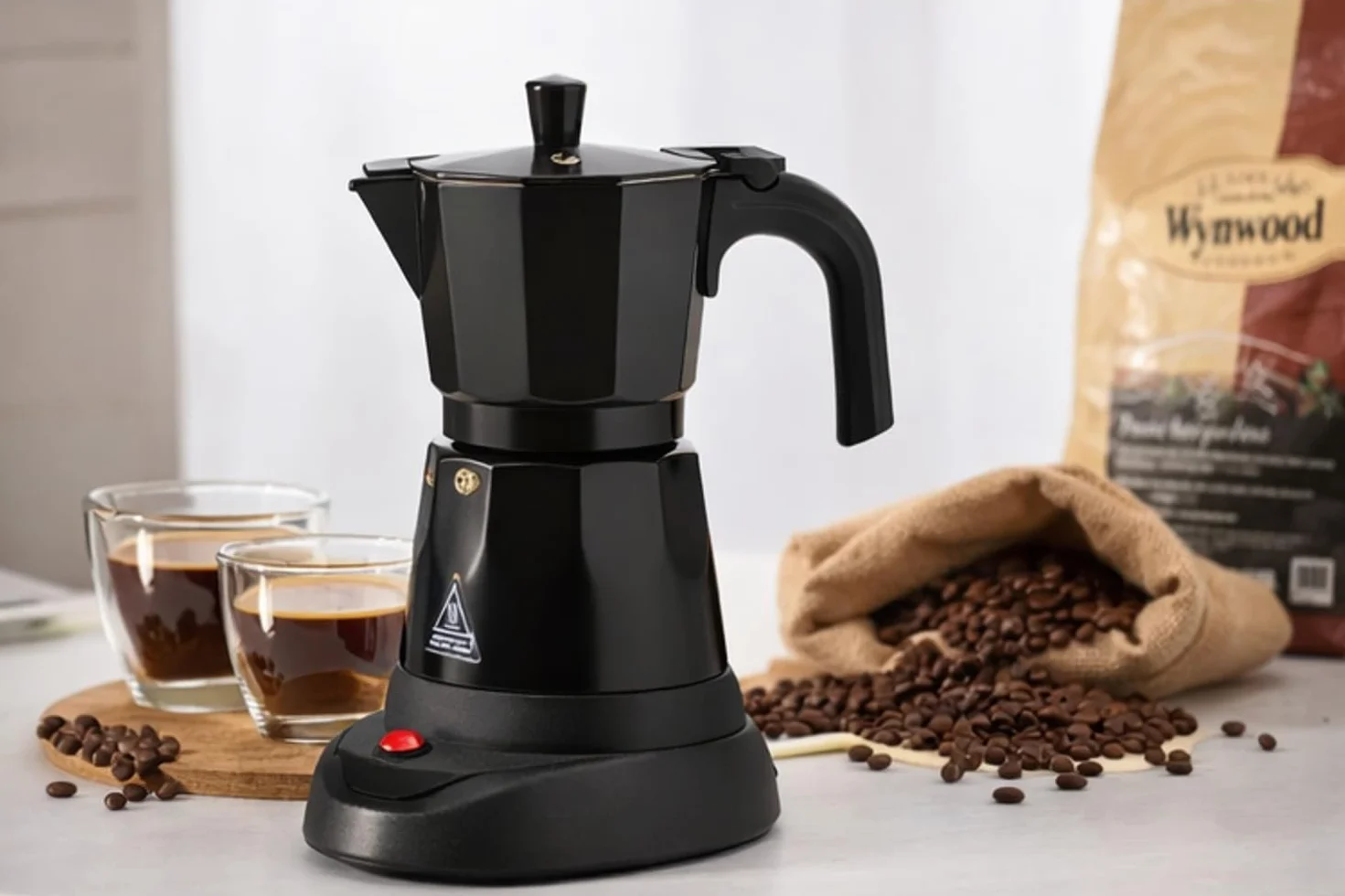 Wynwood Cafetera Italiana Eléctrica Polaris 6 Tazas 300ml 480W Base Giratoria 360° Moka Aluminio Autoapagado CE