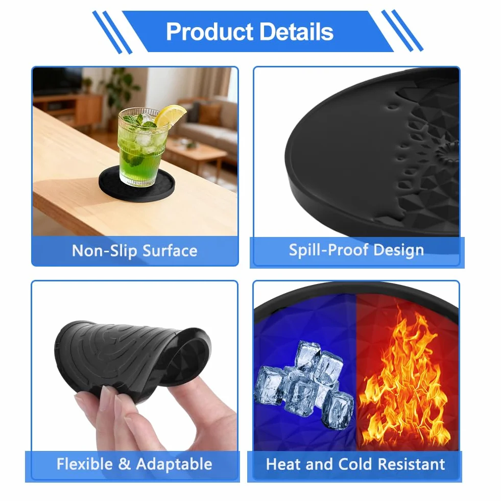Posavasos de Silicona Antideslizante Aislante Redondo 6 Piezas 0,28 Pulgadas Negro