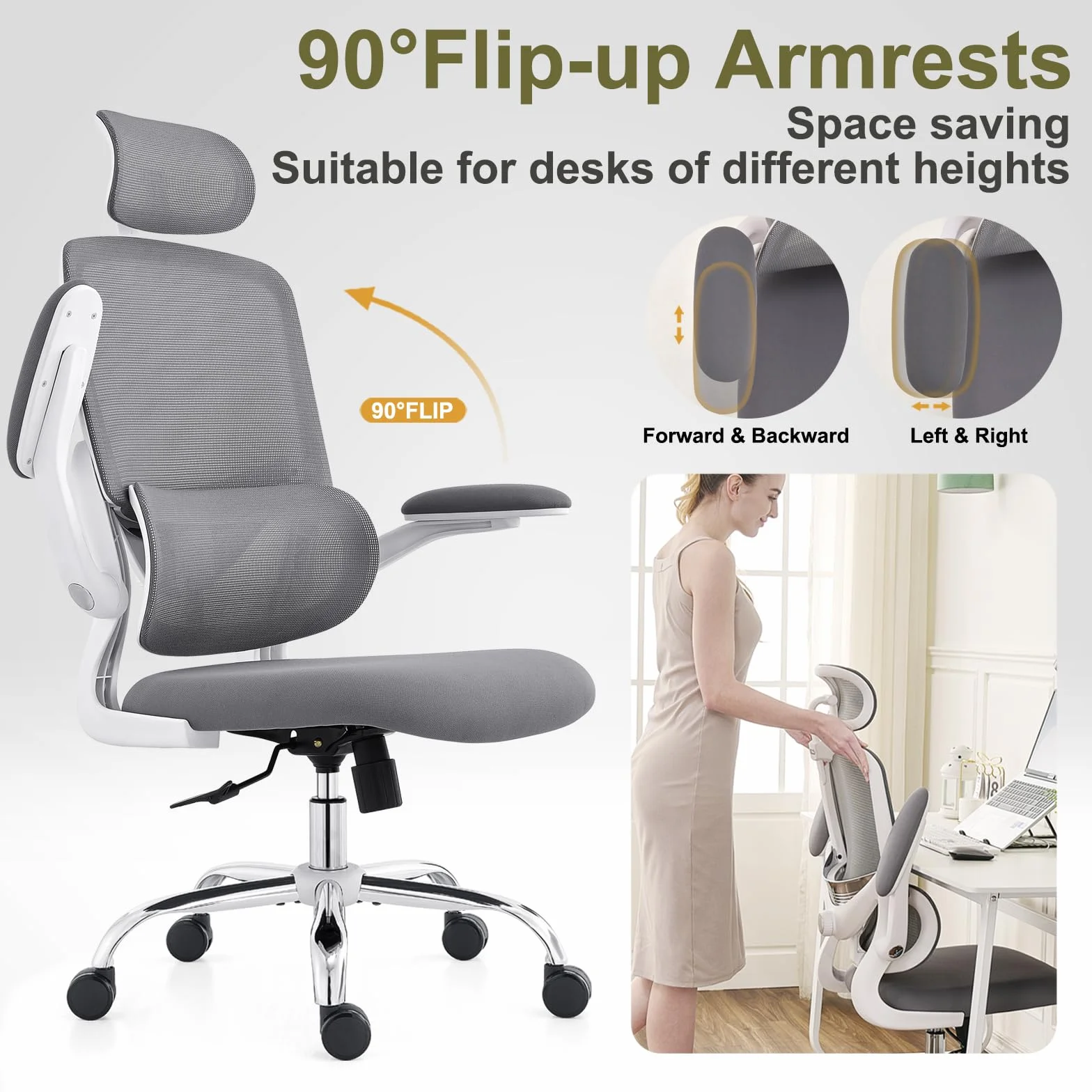 Silla Ergonómica para Oficina, Silla de Escritorio Respaldo Alto de Malla, Soporte Lumbar Ajustable, Reposabrazos Abatible, Reposacabezas Desmontable, Silla Giratoria para Juegos, 150 KG