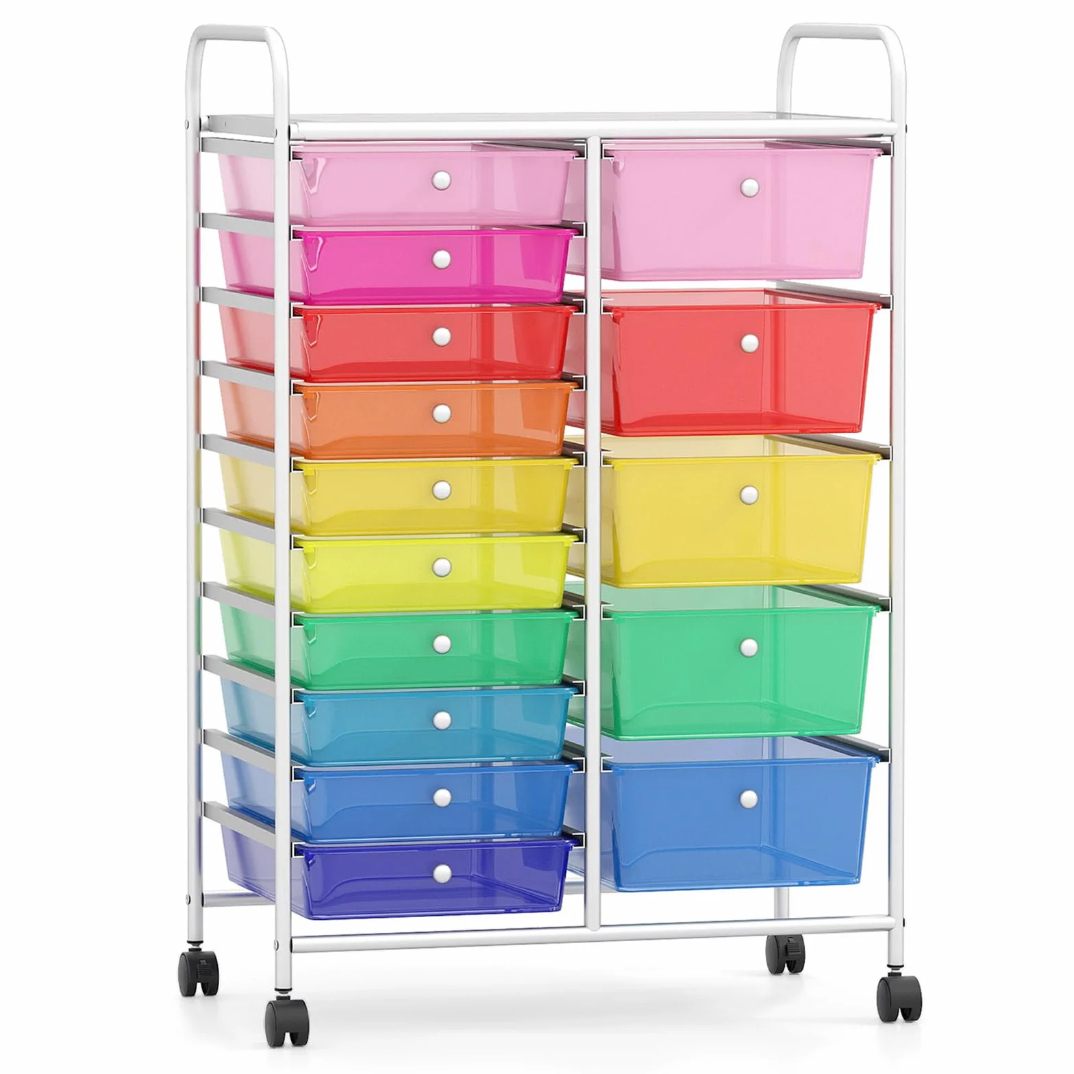 GIANTEX Carro de Almacenamiento 15 Cajones de Plástico, Cajonera con 4 Ruedas, Carrito Auxiliar con Marco de Metal, Organizador para Oficina, Salón, Cocina (Transparente Colorido)