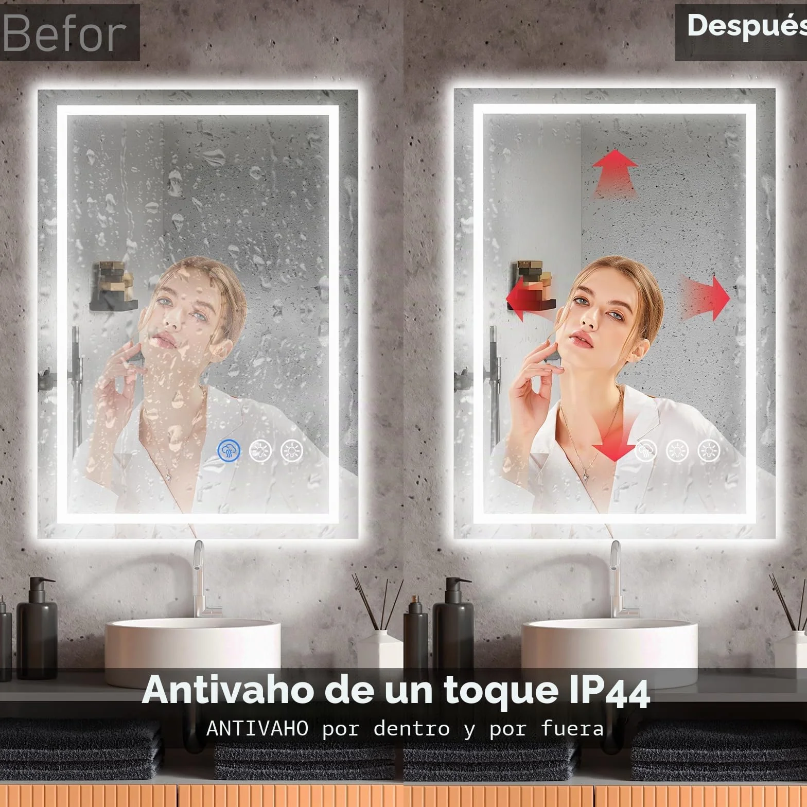 Espejo Baño con Luz 50x70cm LED Antivaho Regulable 3 Colores Luz Función Memoria