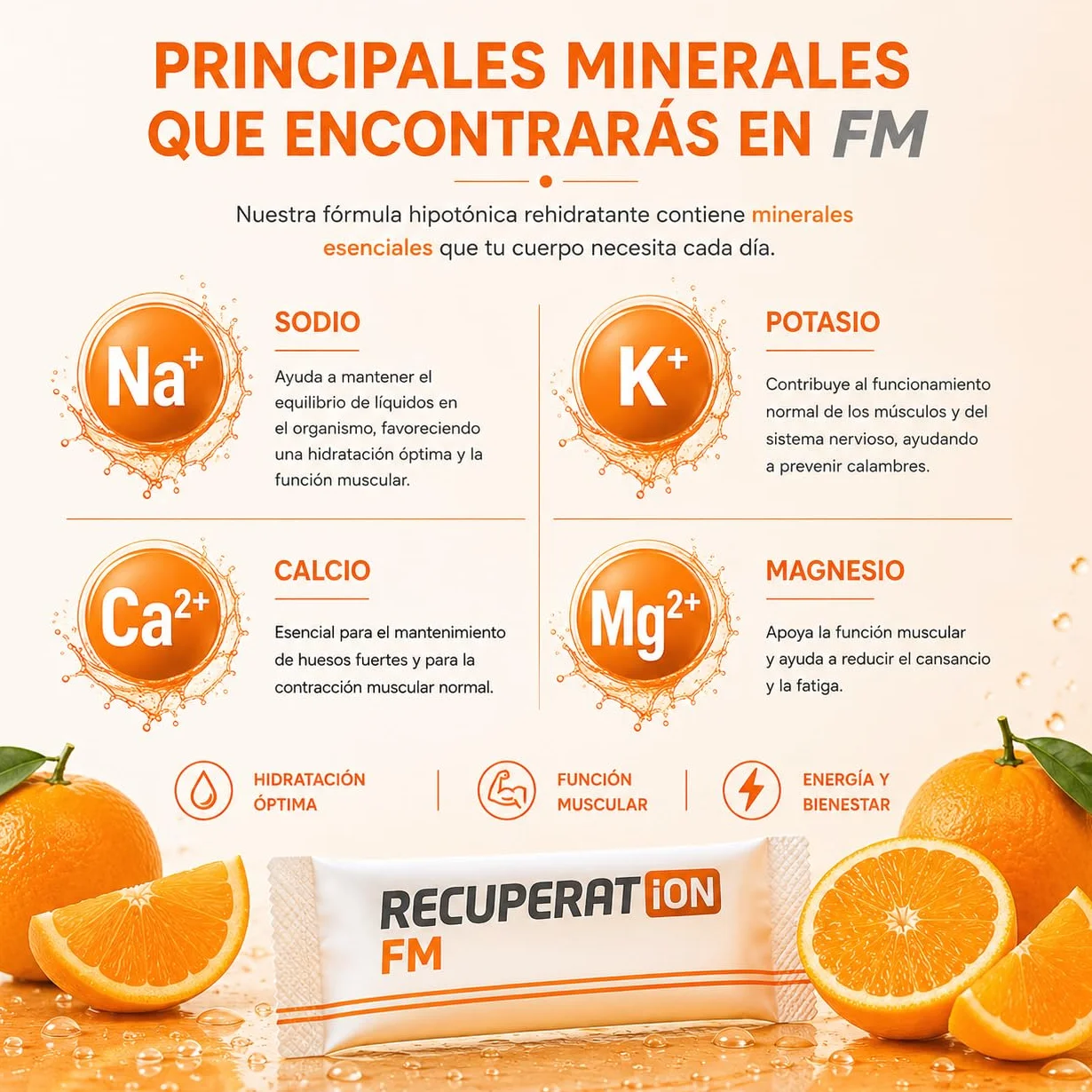 Bebida Hipotónica Sin Azúcar con Electrolitos Sales Minerales Magnesio Sabor Naranja Sin Gluten Ni Lactosa Pack 20 Sobres RECUPERATION