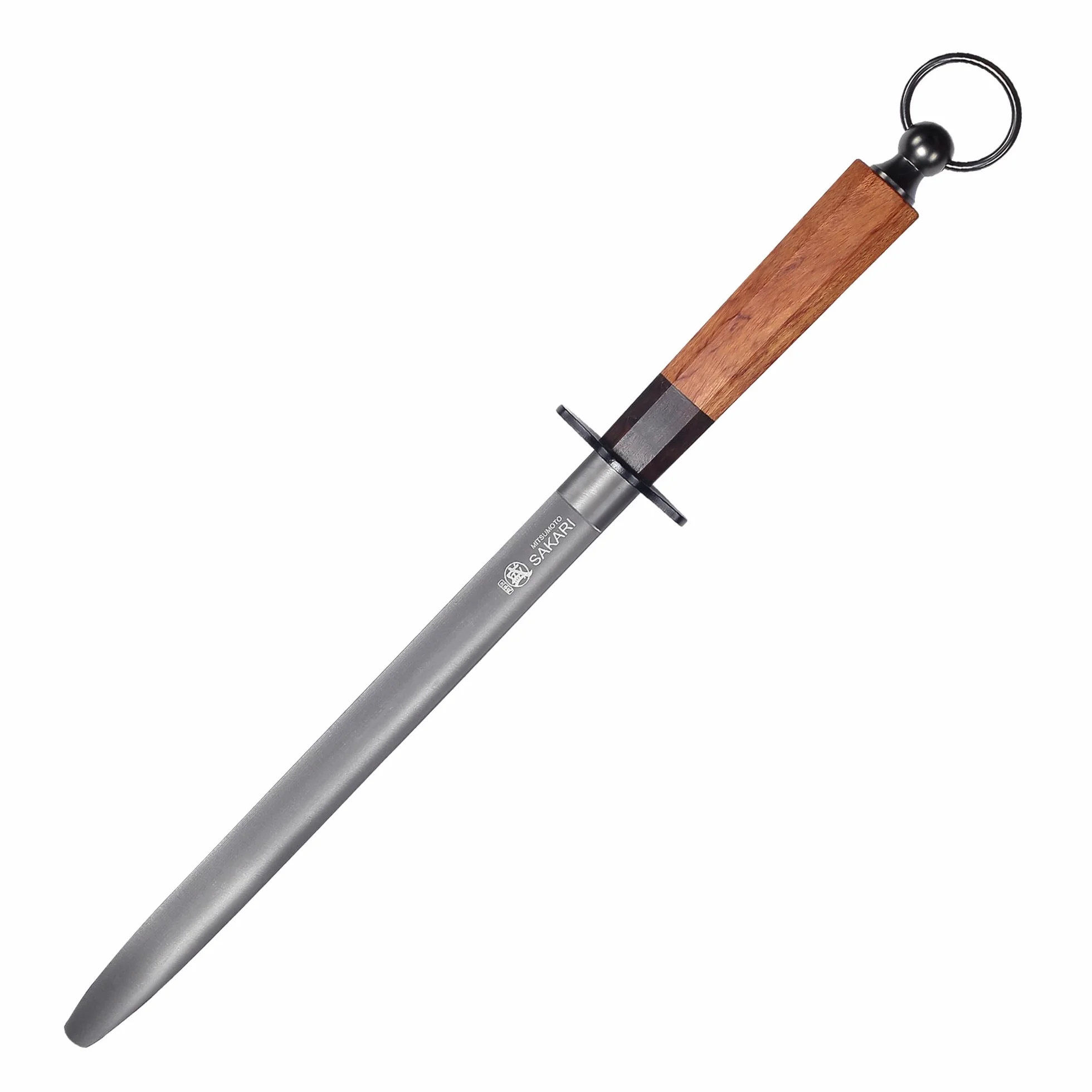 MITSUMOTO SAKARI 40 cm Acero Plano Negro de Alto Carbono, Chaira Afilar Cuchillos Japones, Afilador de Cuchillos Profesional (Mango de Madera al Ácido y Caja de Regalo)