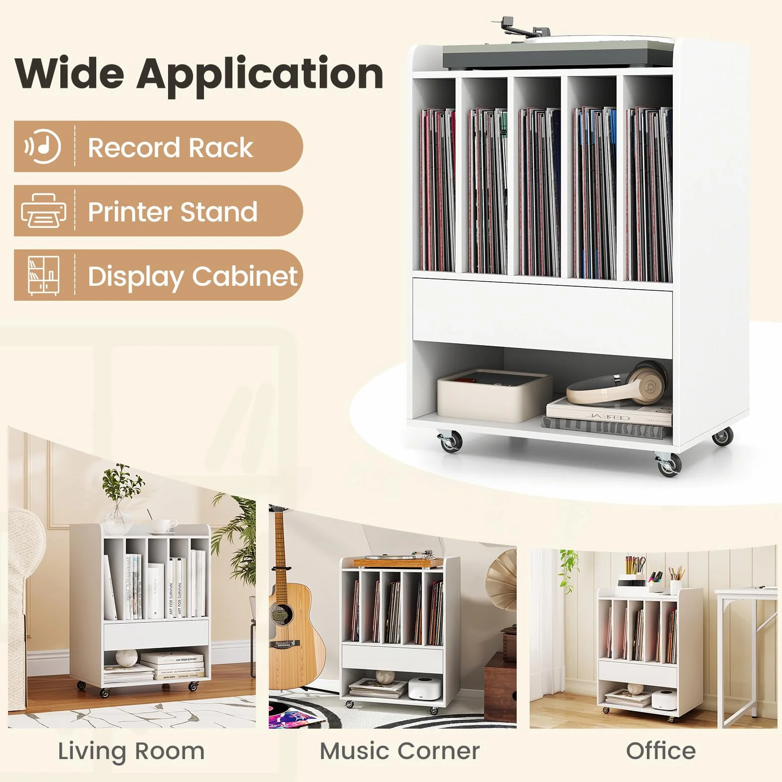 KOMFOTTEU Soporte para Tocadiscos con Ruedas, Mesa Auxiliar, 5 Compartimentos, Cajón, Estante Inferior, Ganchos, Armario de Almacenamiento, 52 x 35,5 x 73 cm, Blanco