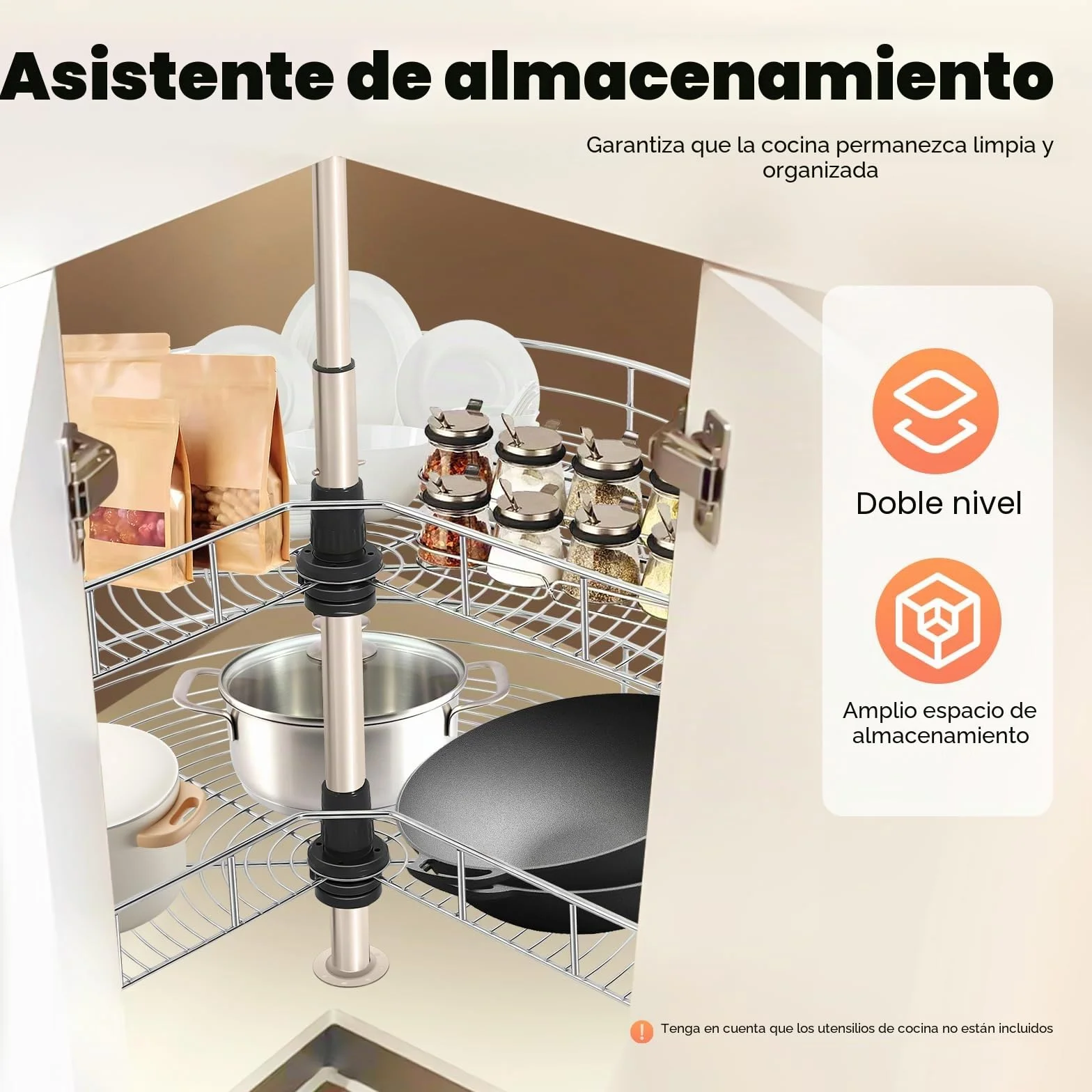 Organizador de armario de esquina, extensible, giratorio a 270°, con 2 cestas ajustables en altura y cierre suave, en acero inoxidable, máx. 16 kg por cesta, para armarios de cocina ≥ 80 x 80 cm