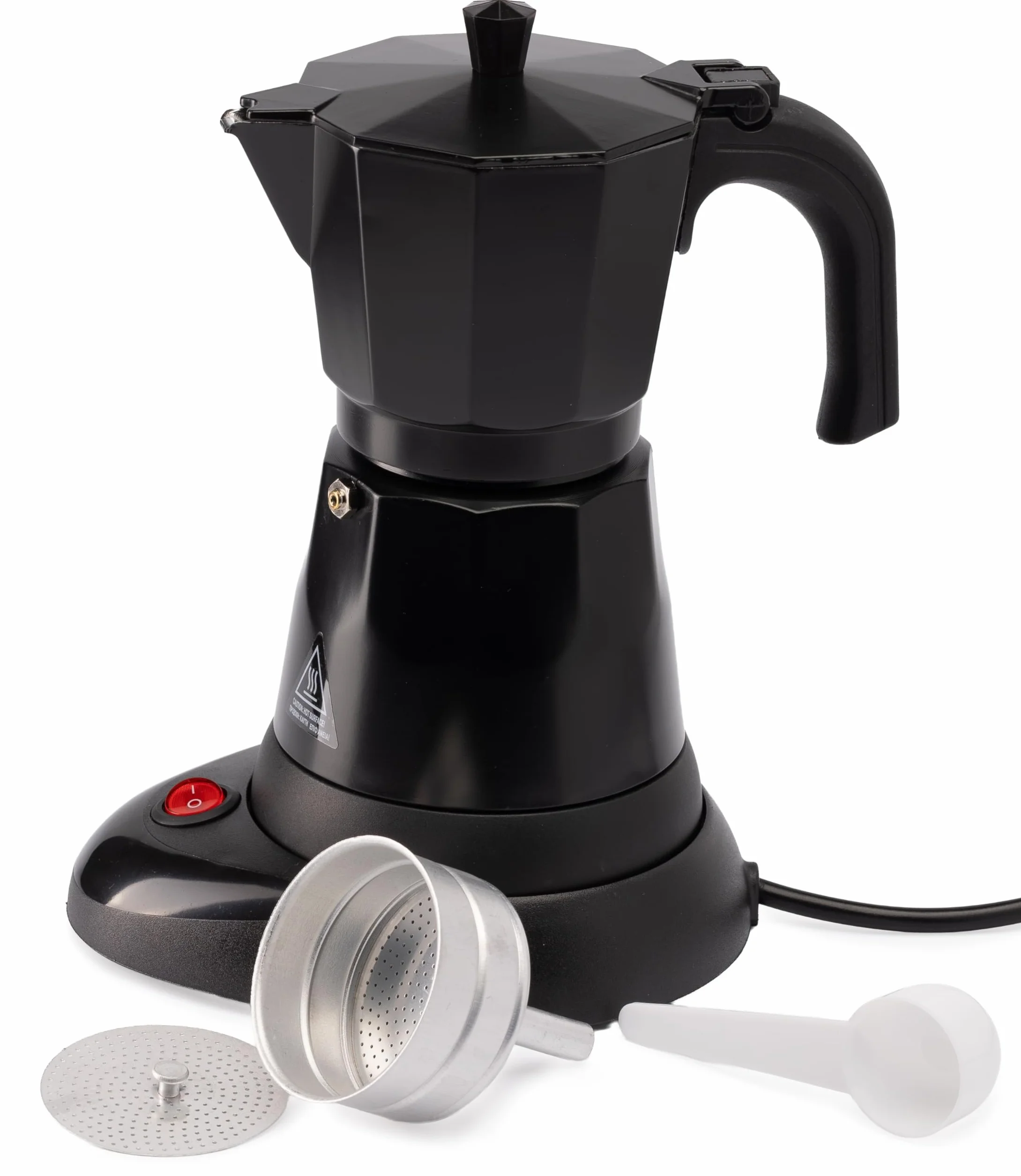 Wynwood Cafetera Italiana Eléctrica Polaris 6 Tazas 300ml 480W Base Giratoria 360° Moka Aluminio Autoapagado CE