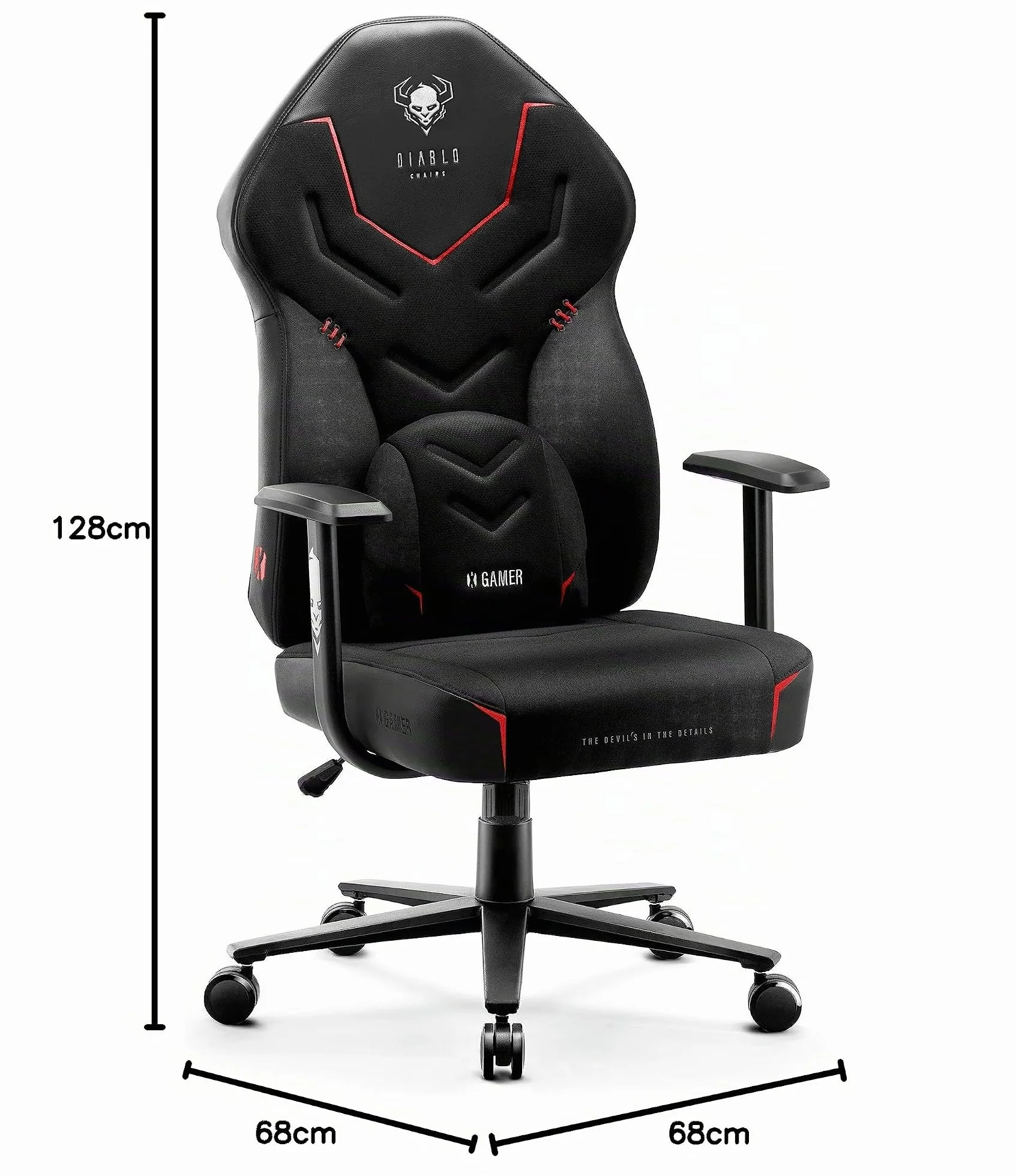 Diablo X-Gamer 2.0 Silla Gaming Gamer de Oficina Tela Diseño Ergonómico Cojín Lumbar Apoyabrazos Cómodos (Negro-Negro)