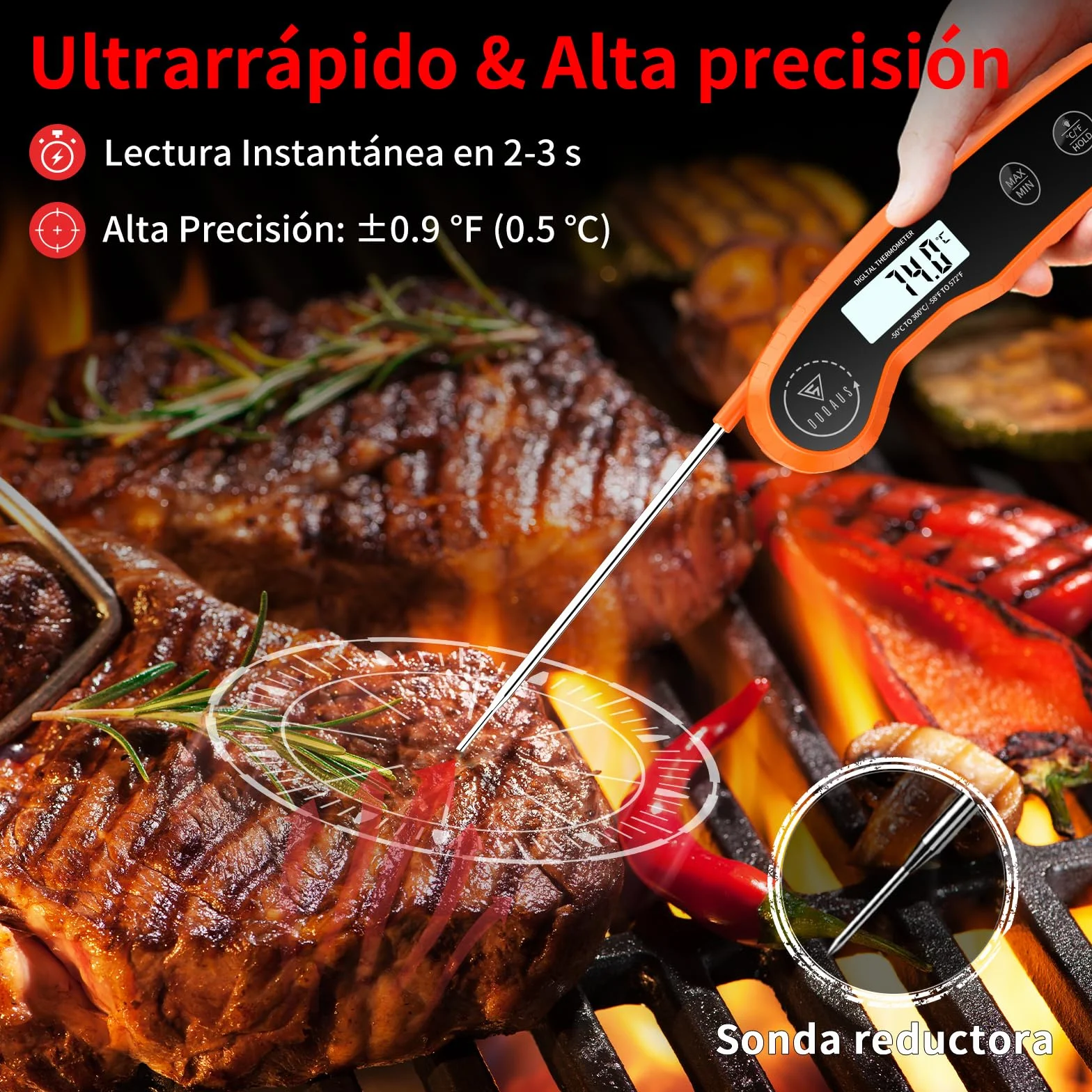 DOQAUS Termometro Cocina, Termometro Digital Cocina, 3 Segundos Lectura Rápida, Precisión ±0,5℃, Pantalla LCD, Termómetros para Frigoríficos, Carne, BBQ, Horno, Aceite, Agua(Naranja)