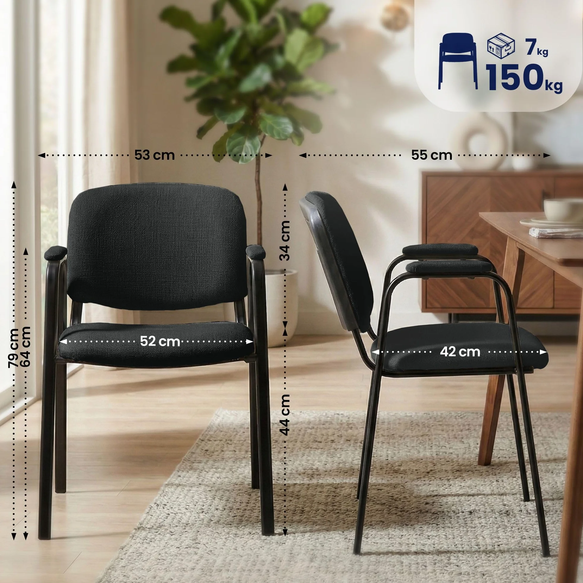 CLP Set 4 Sillas Apilables Ken Pro con Reposabrazos Acolchados de Tela, para Conferencia y Oficina, Estructura Negra Resistente 150 kg, Color:Negro