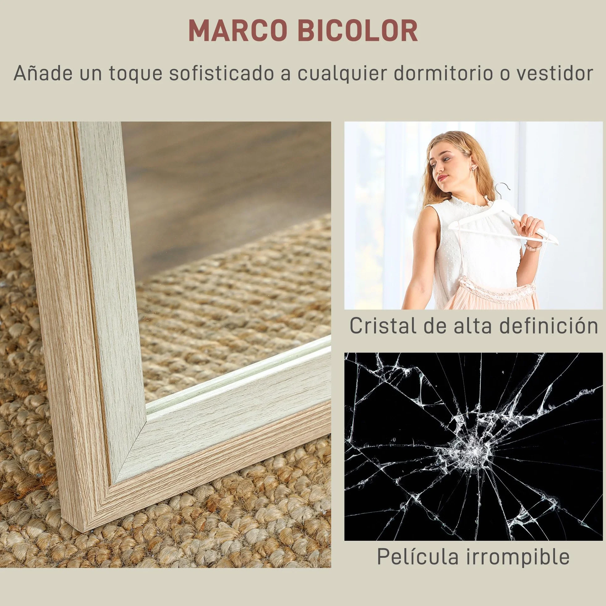HOMCOM Espejo de Pie Cuerpo Entero 157x37 cm, Espejo Grande de Pared con Marco Bicolor, de Pie, Inclinado o Colgante, para Salón, Dormitorio, Pasillo, Entrada, Natural Claro y Blanco