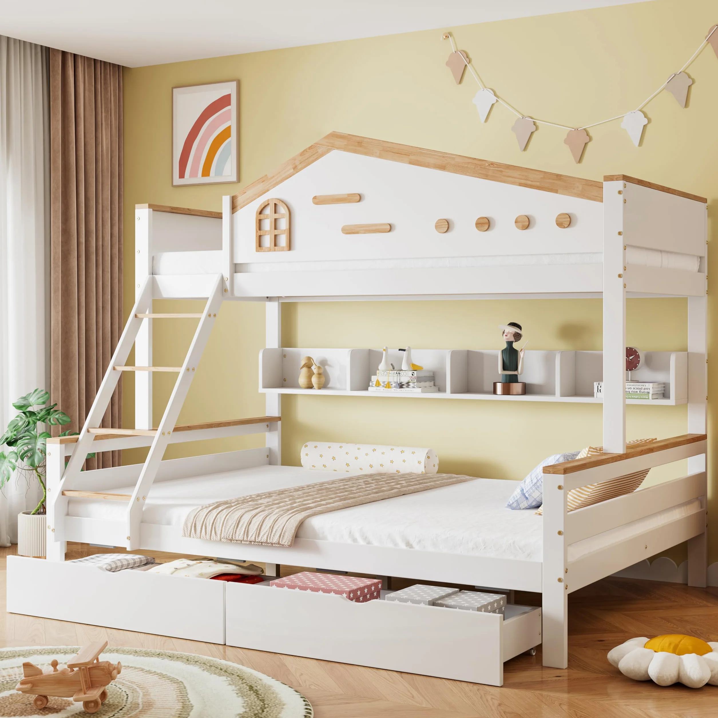 Lubvtti Litera Infantil con 2 cajones,Cama Infantil 90 x 200 cm y 140 x 200 cm,literas Juveniles con Estante Abierto,Estructura de Cama de Matrimonio de Madera Maciza, Blanco + Natural