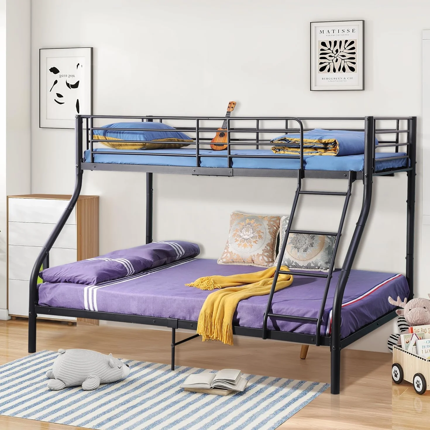 Litera de 90 x 200/140 x 200 cm con Somier, Cama Infantil con Escalera y Protección Anticaídas Cama Alta - Negro