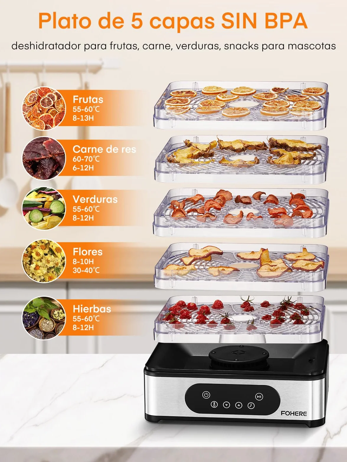 Deshidratador de Alimentos FOHERE 420W 5 Bandejas Inox Pantalla LED Temporizador Temperatura 35-70°C