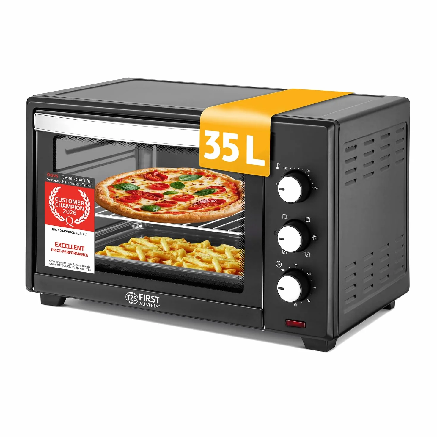 TZS First Austria - Mini Horno 35L 1600W - Minihorno pizza con regulación de temperatura 230°C y revestimiento antiadherente - Con temporizador de 60 min, 3 alturas de inserción, bandeja y parrilla