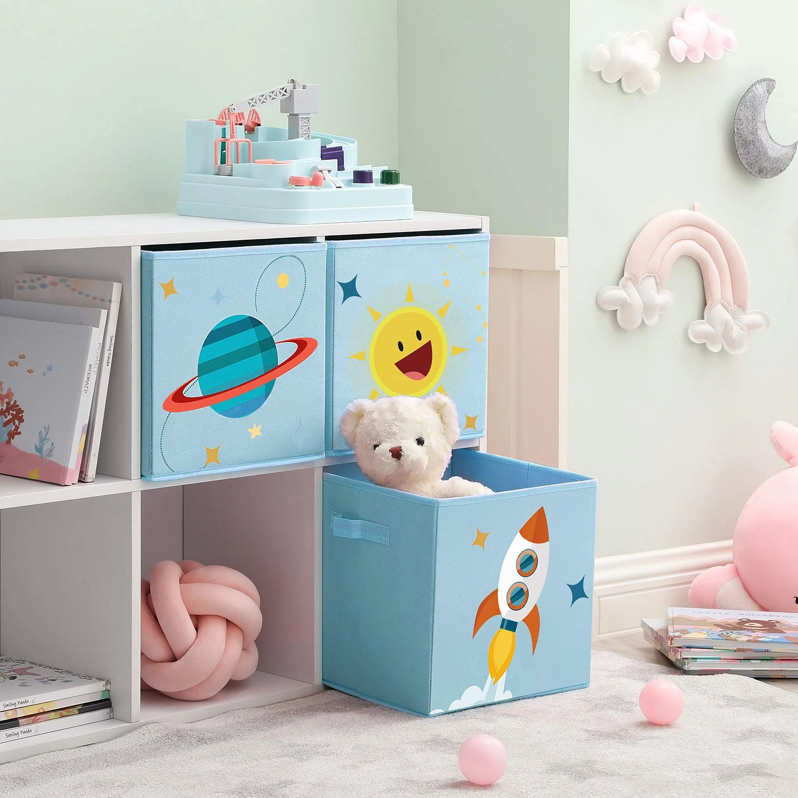 SONGMICS Cajas de Almacenaje, Juego de 3, Organizadoras de Juguetes, Cubos Plegables con Asas, para Habitación de Niños, Sala de Juegos, 30 x 30 x 30 cm, Tema del Espacio, Azul RFB001B03