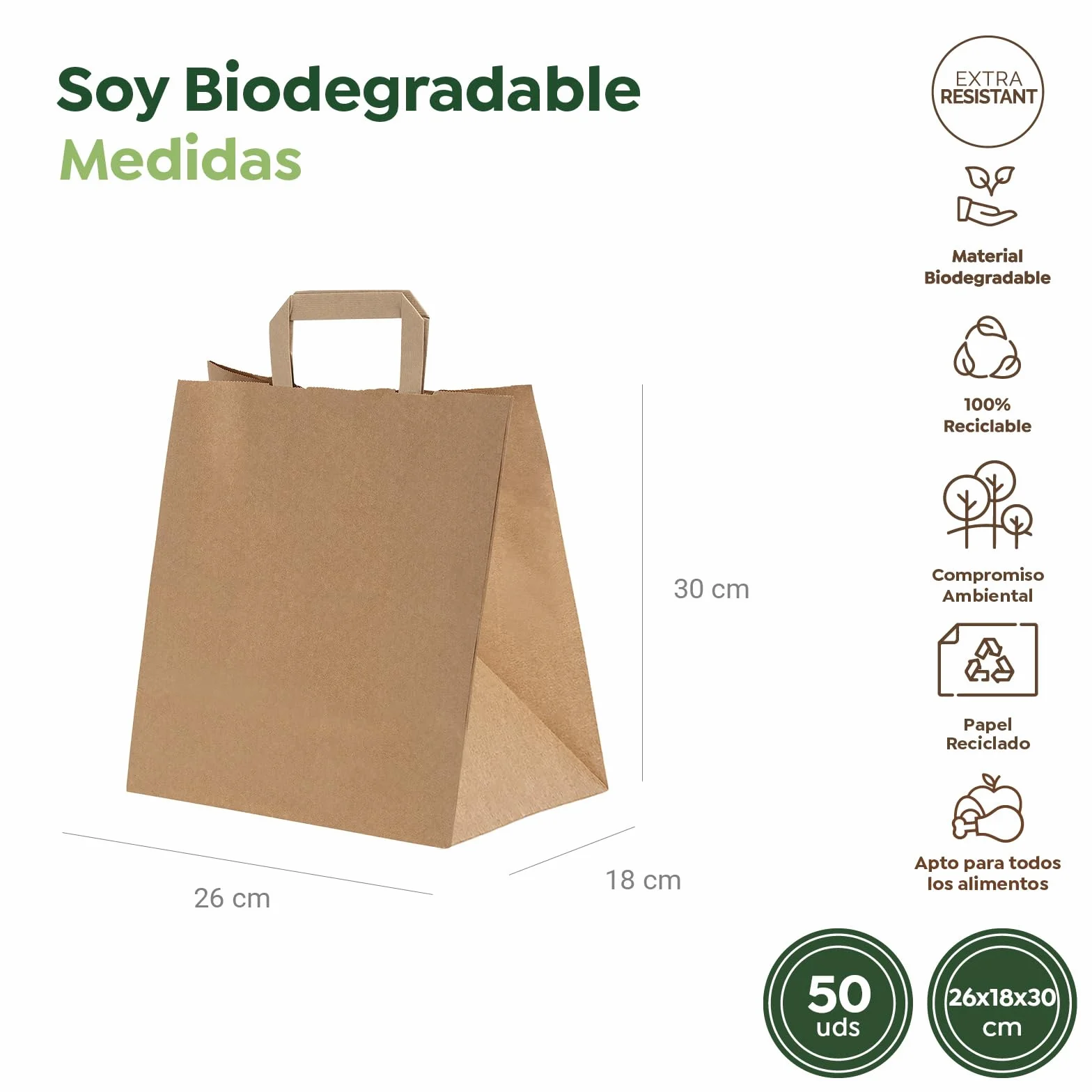 50 Unidades - Bolsas Papel Kraft con Asa Plana - 26 x 18 x 30 cm - Bolsas Regalo - Bolsitas Personalizables - Eventos y Hotelería - Comunión, Cumpleaños, Bodas - PERSONALIZABLES