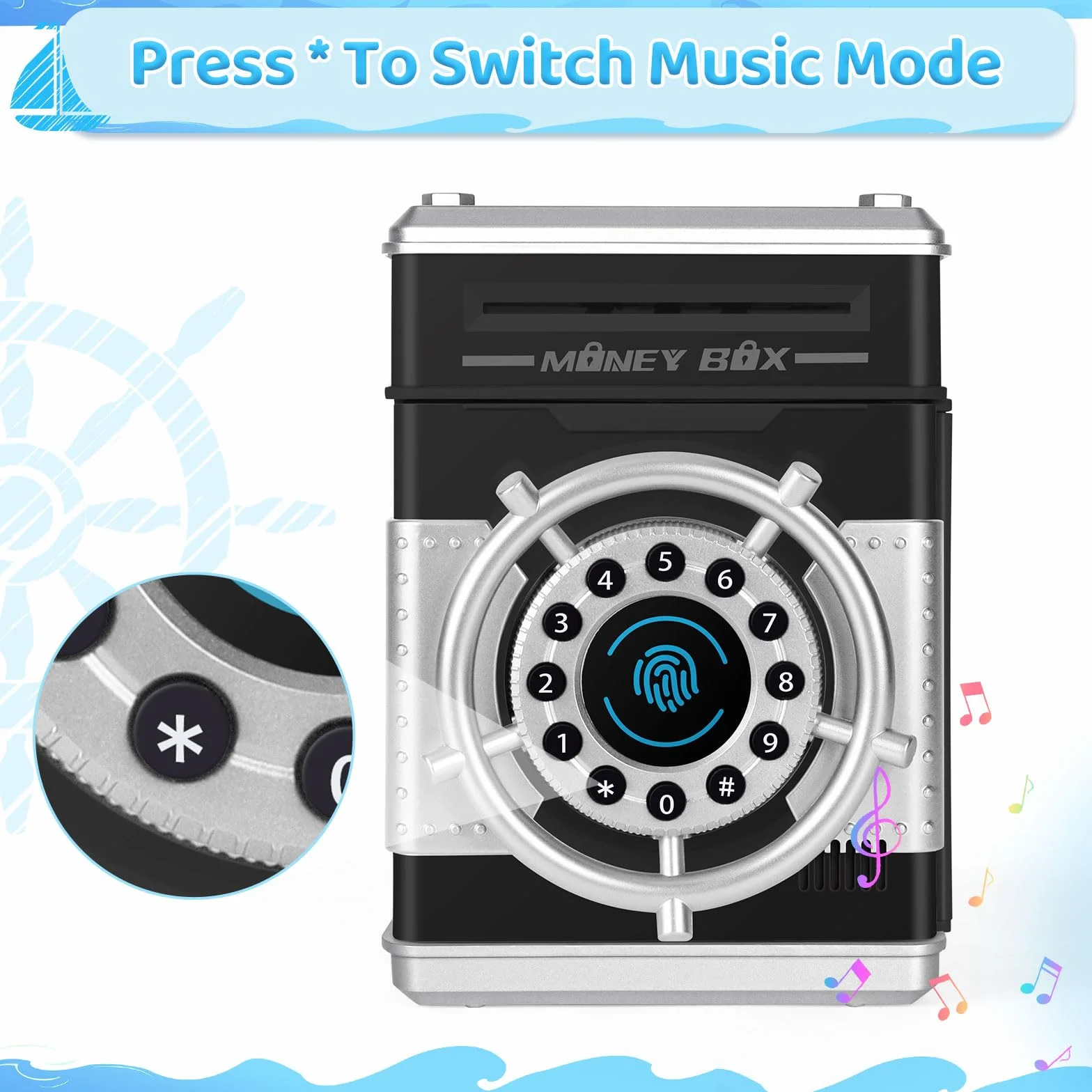 Yellcetoy Hucha Electrónica para Niños, Timón Caja Fuerte con Código de Seguridad y Música, Cumpleaños Navidad Regalos para Niño Niñas 3 4 5 6 7+ Años Negro