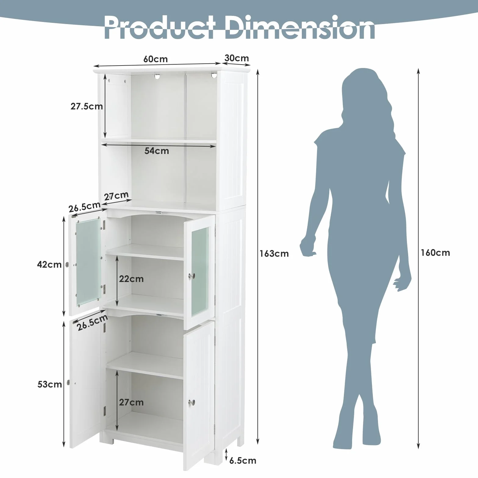 GIANTEX Armario de Almacenamiento Alto, Gabinete de Baño con Puerta & Estante Ajustable, Organizador Independiente de Suelo para Dormitorio, Cocina, Sala de Estar, Blanco,60 x 30 x 163 cm (Blanco)