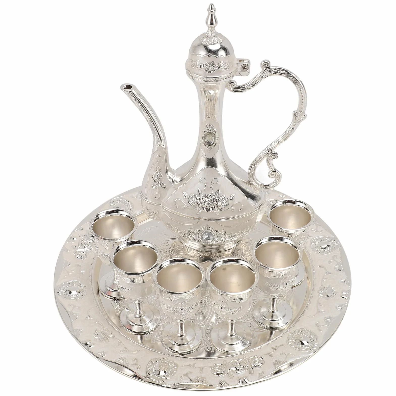 Juego De Tetera Vintage, Juego De Cafetera Vintage Juego De Té Vintage Con 6 Tazas De Café Y Bandeja De Té Juego De Té De Aleación De Zinc Rosa Roja Chapado En Oro Para Fiesta En Casa(Plata)