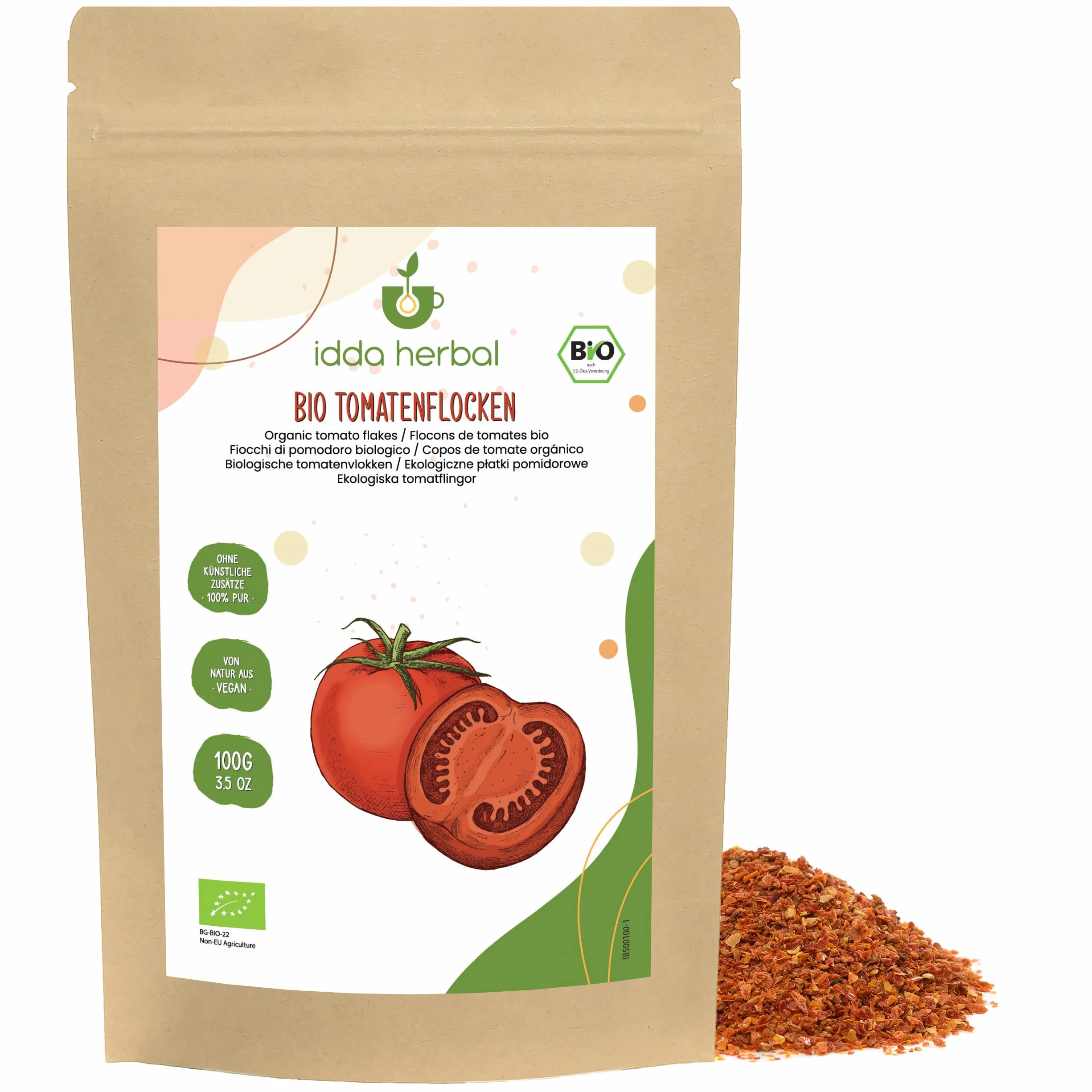 IDDA Copos de Tomate Orgánicos 100g Trozos de Tomate Secos Triturados para Cocinar