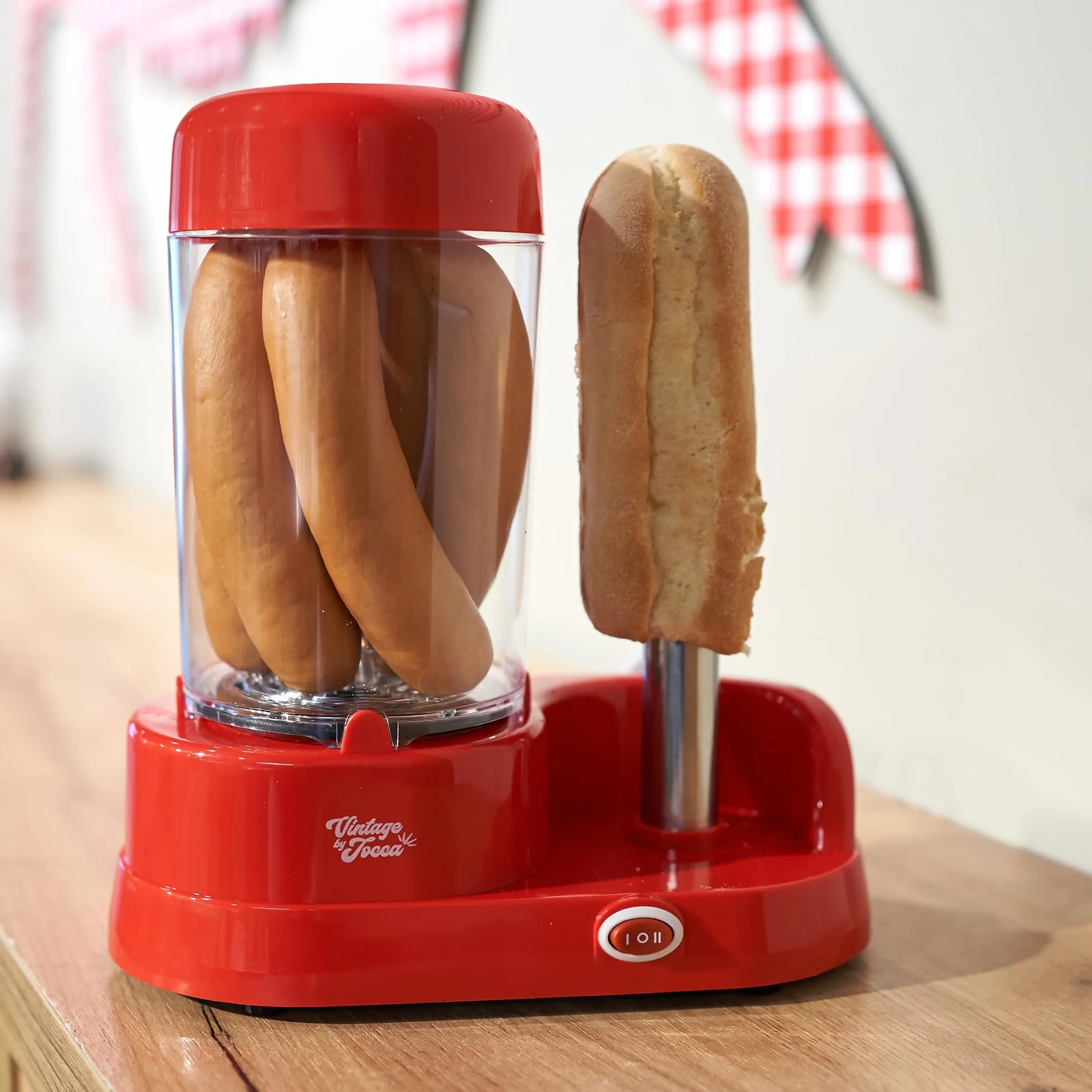 Jocca - Máquina de Perritos Calientes con Display, 350W, Capacidad 6 Salchichas, Barra de Acero Inoxidable, Rojo