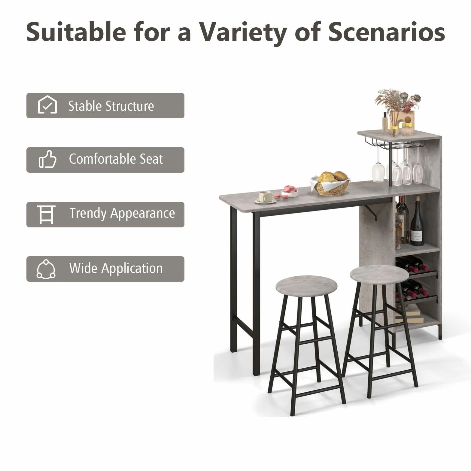 LIFEZEAL Juego de Comedor con 2 taburetes de Bar, Barra de Cocina con 2 sillas Altas, Mesa de Bar con peldaños Abiertos, botellero para Copas de Vino, para Cocina, salón y Bar (Gris)