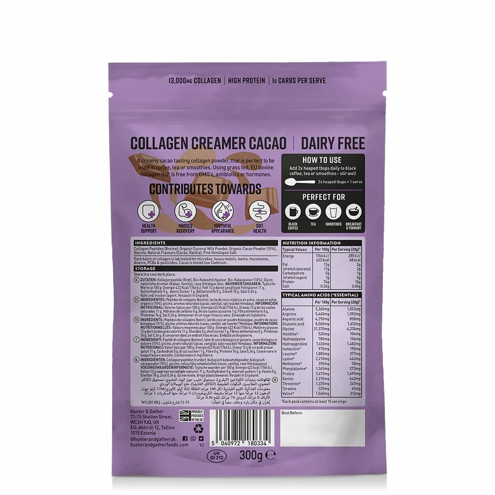 Hunter & Gather Colágeno Cacao 300g Péptidos de colágeno bovino alimentados con pasto Sin lácteos