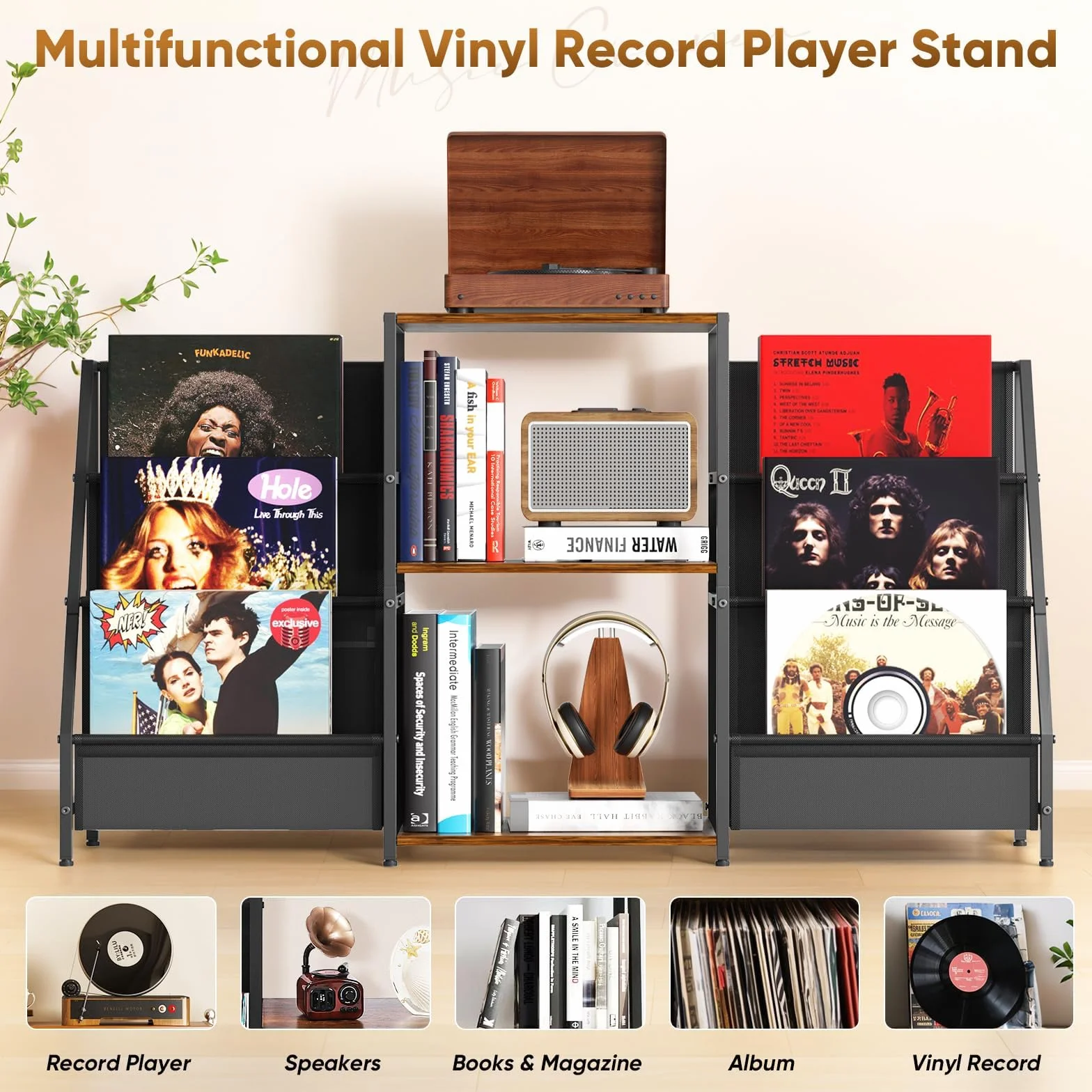 Soporte tocadiscos mesa auxiliar 3 niveles almacenamiento vinilo 200 álbumes 123 x 30 x 73 cm