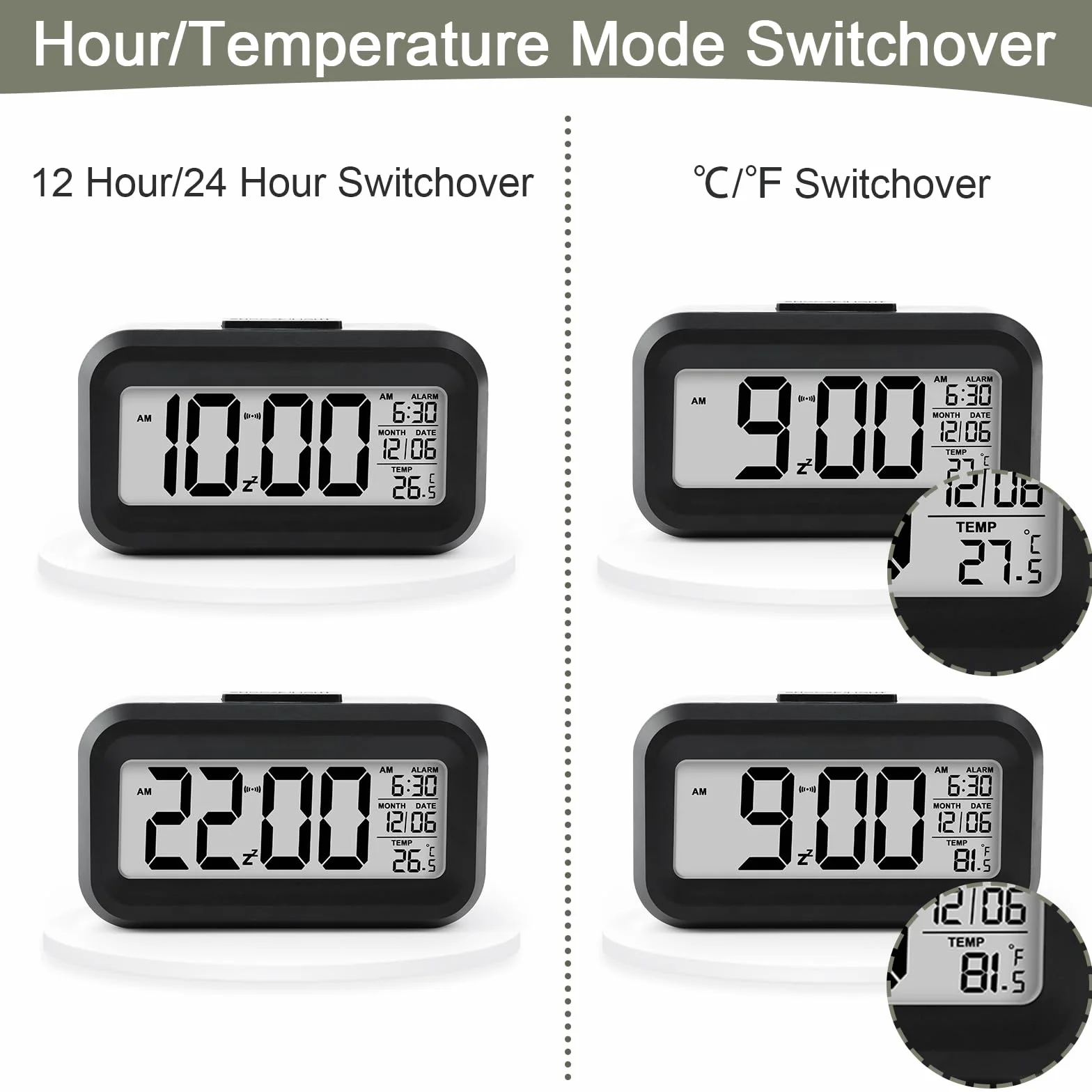 VFANDV Despertador Digital, LCD Reloj Despertador Digital con Termómetro Función Snooze Reloj Inteligente de Cabecera a Pilas Reloj de Mesa de Viaje para Sala de Oficinas Familiares